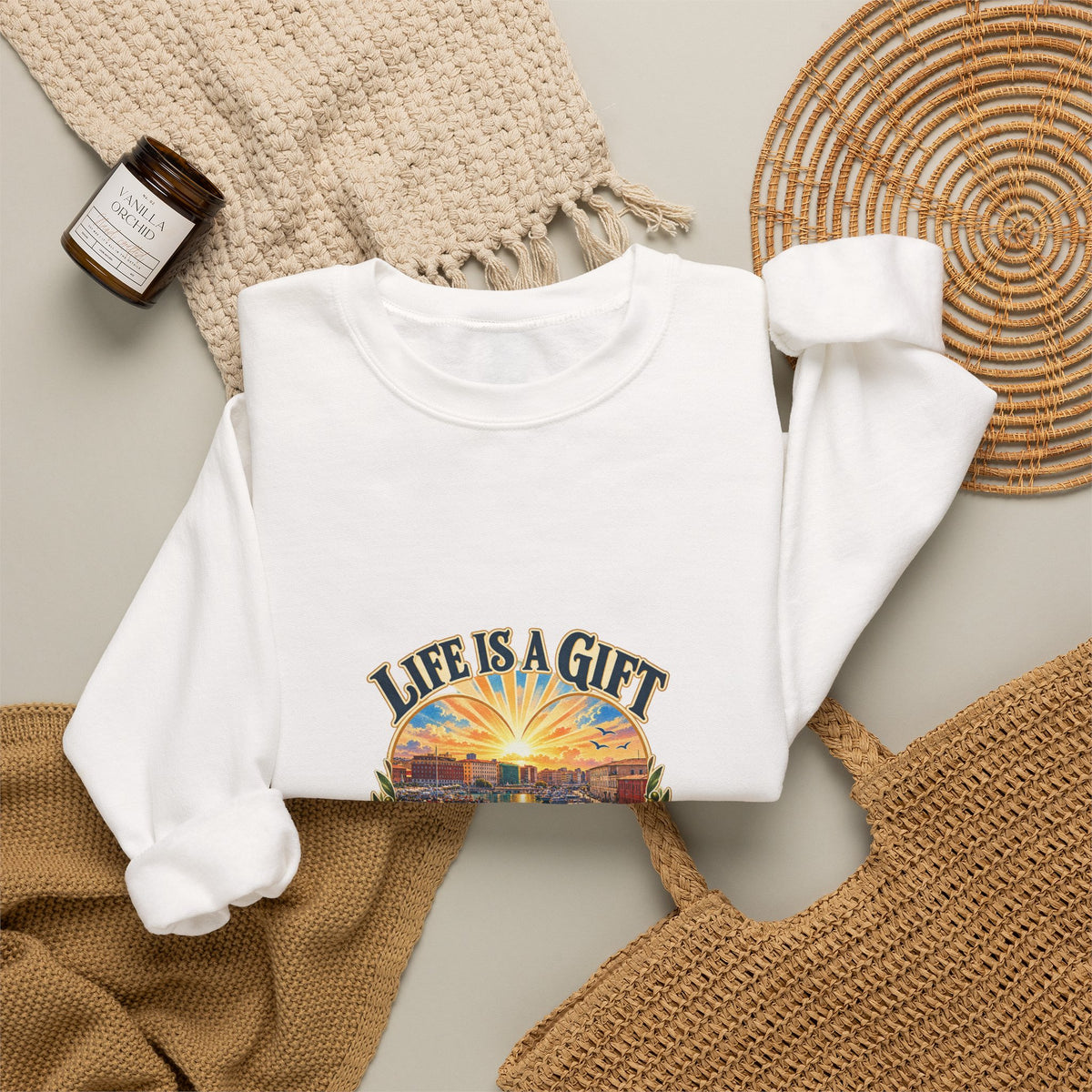 Life Is a Gift Crewneck Sweatshirt – 'Live It Generously' Graphic
