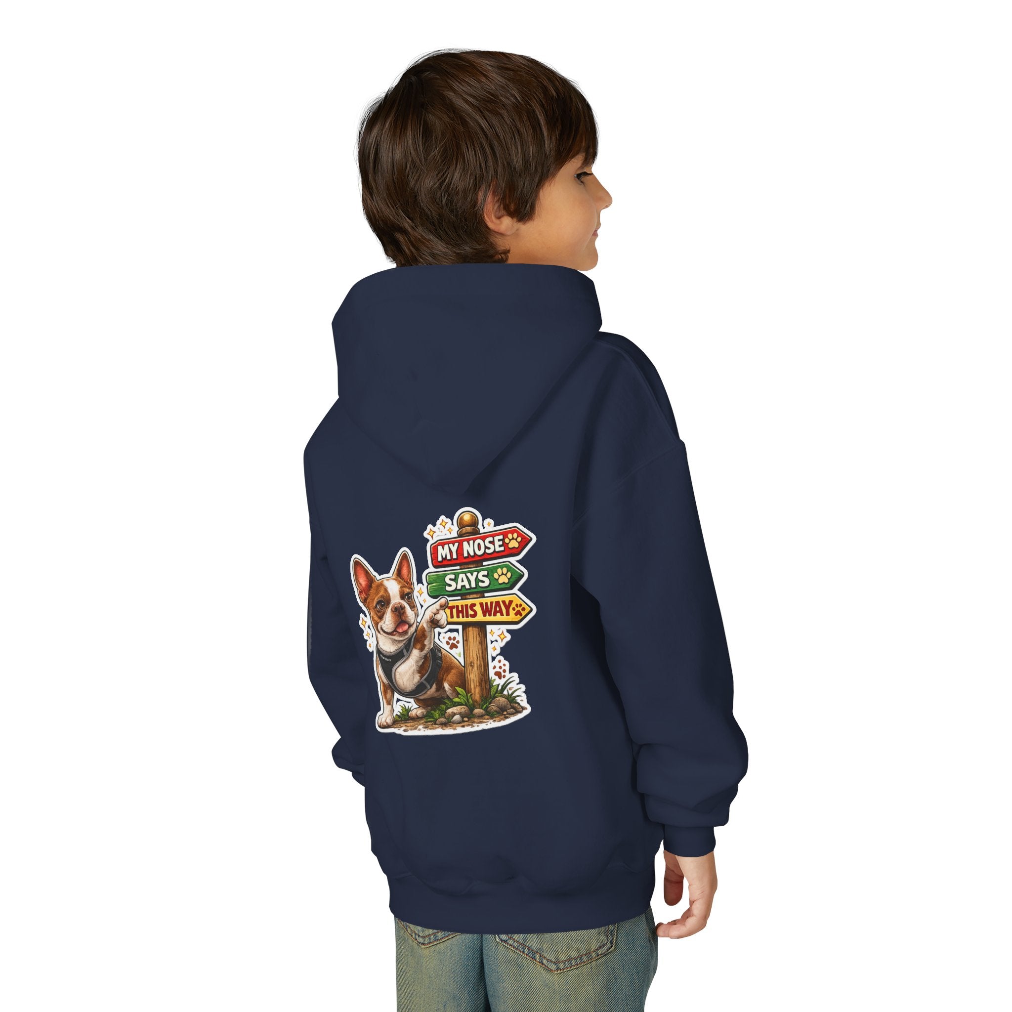 Olli the Boston Terrier in Italy Hoodie — "My Nose Says This Way" Youth Pullover
