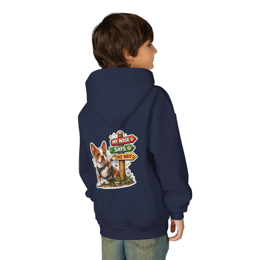 Olli the Boston Terrier in Italy Hoodie — "My Nose Says This Way" Youth Pullover