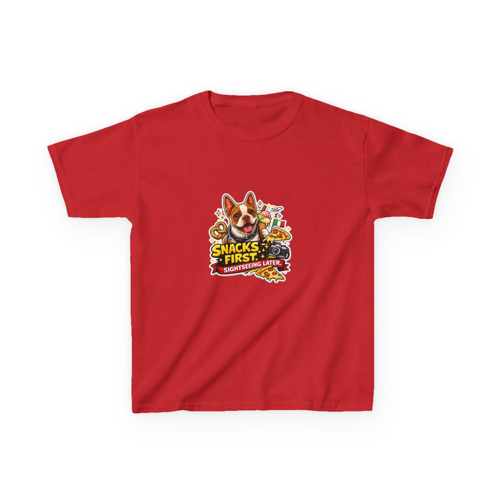 Kids T‑Shirt — "Snacks First" Funny Olli the Boston Terrier Graphic Tee for Children