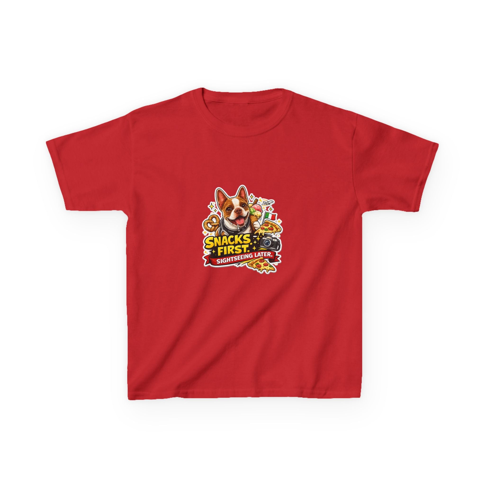 Kids T‑Shirt — "Snacks First" Funny Olli the Boston Terrier Graphic Tee for Children