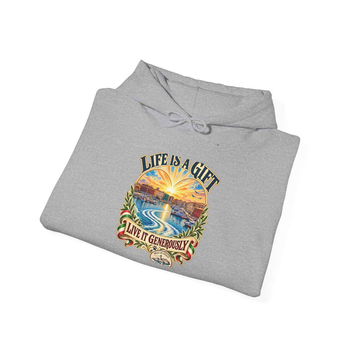 Life Is a Gift Hoodie — Sunset Ocean Graphic with “Live It Generously” Quote