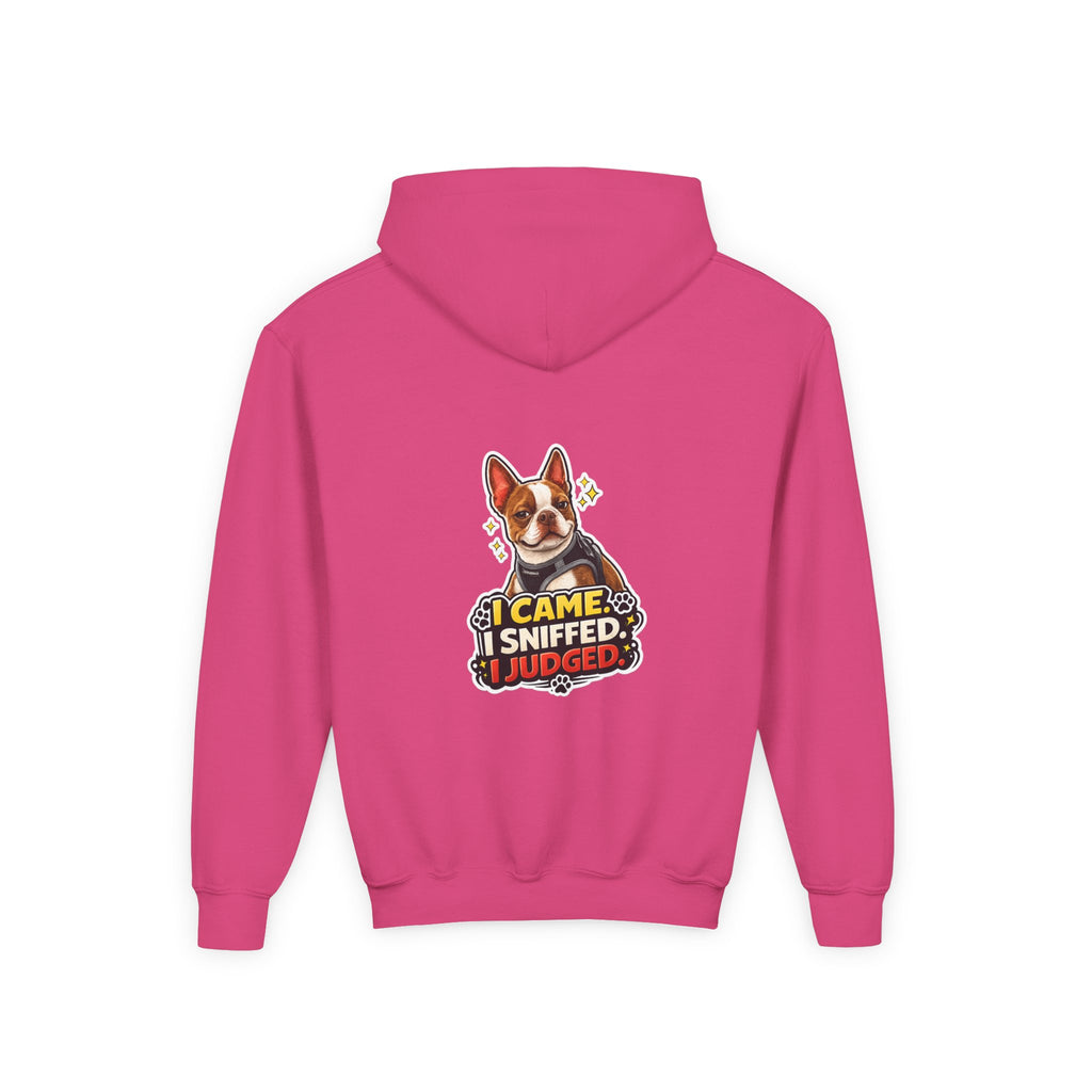 Youth Hoodie — Olli In Italy Boston Terrier Dog Design ‘My Nose Says This Way’ / ‘I Came, I Sniffed, I Judged’