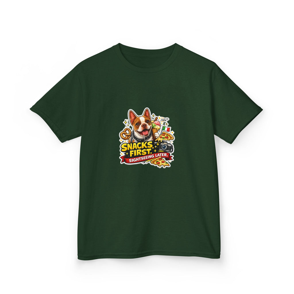 Kids T‑Shirt — "Snacks First" Funny Olli the Boston Terrier Graphic Tee for Children