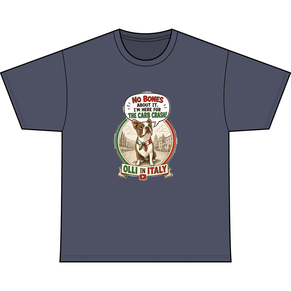 Italy Rescue Dog T-Shirt — "No Bones About It, I’m Here for the Pasta Crash" Graphic Tee