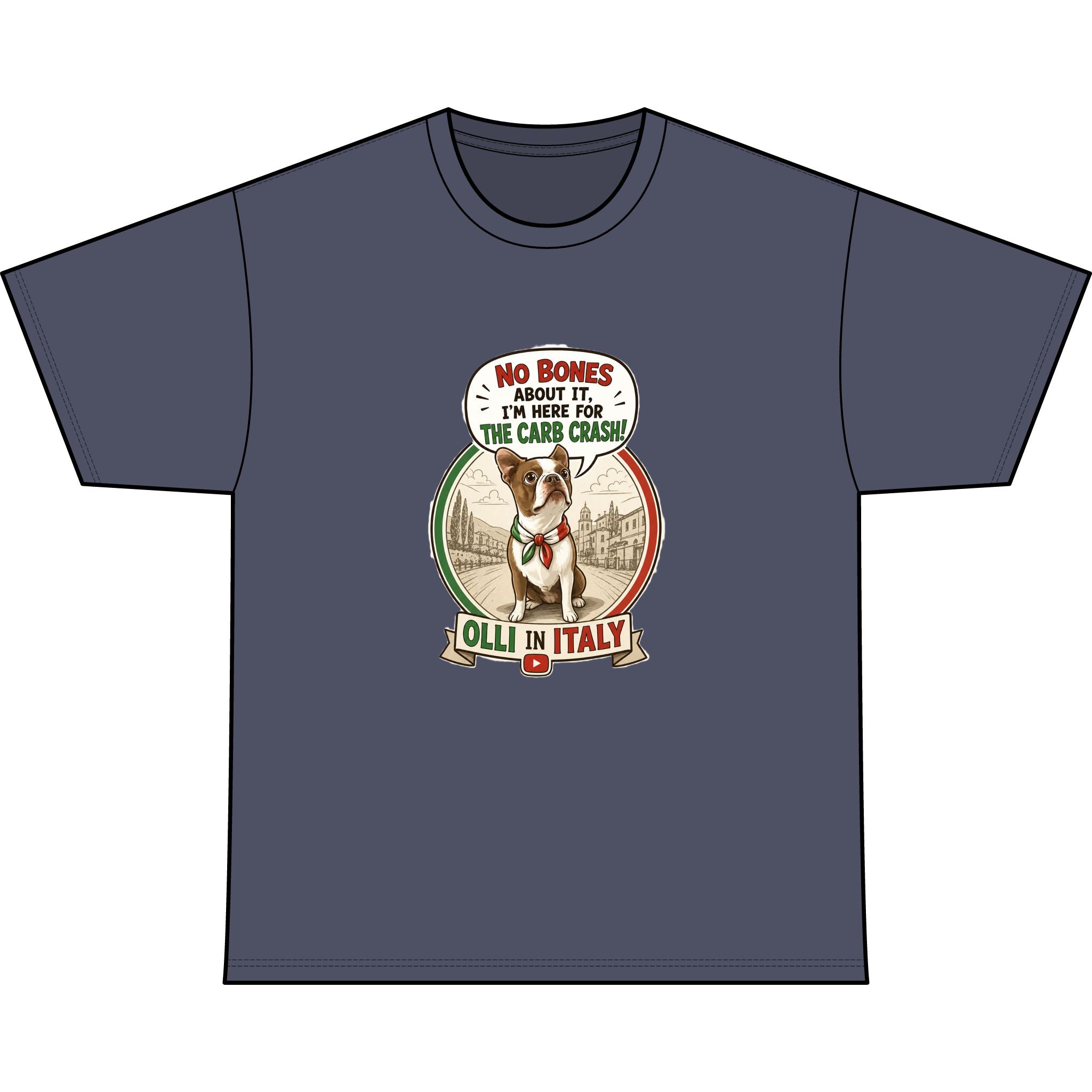 Italy Rescue Dog T-Shirt — "No Bones About It, I’m Here for the Pasta Crash" Graphic Tee
