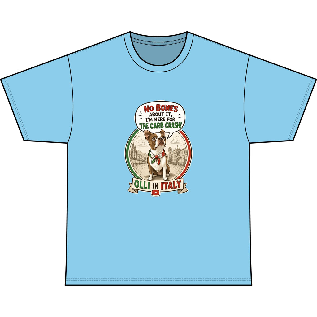 Italy Rescue Dog T-Shirt — "No Bones About It, I’m Here for the Pasta Crash" Graphic Tee