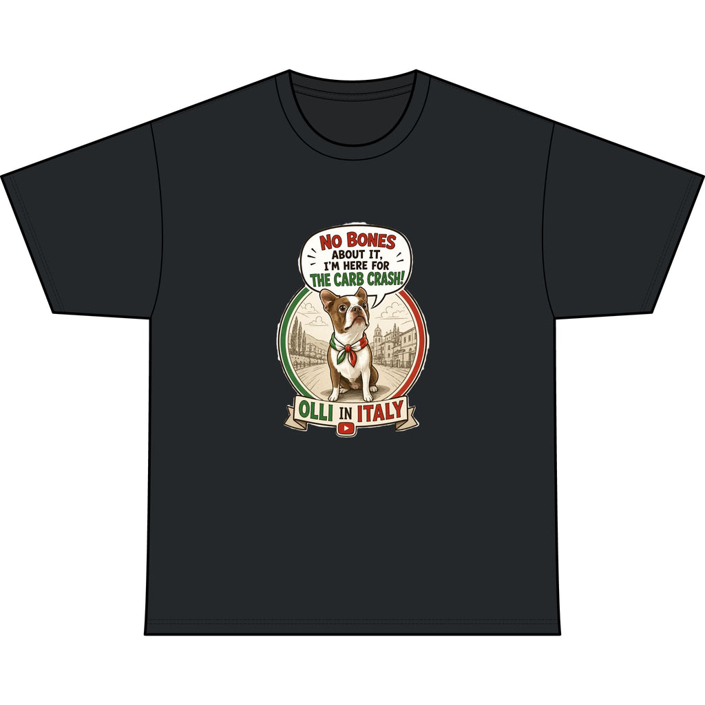 Italy Rescue Dog T-Shirt — "No Bones About It, I’m Here for the Pasta Crash" Graphic Tee