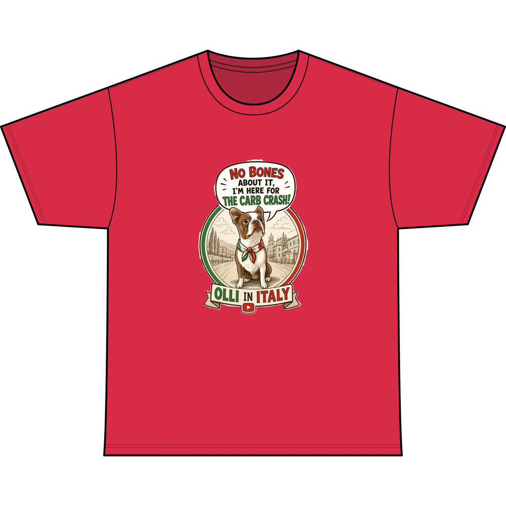 Italy Rescue Dog T-Shirt — "No Bones About It, I’m Here for the Pasta Crash" Graphic Tee