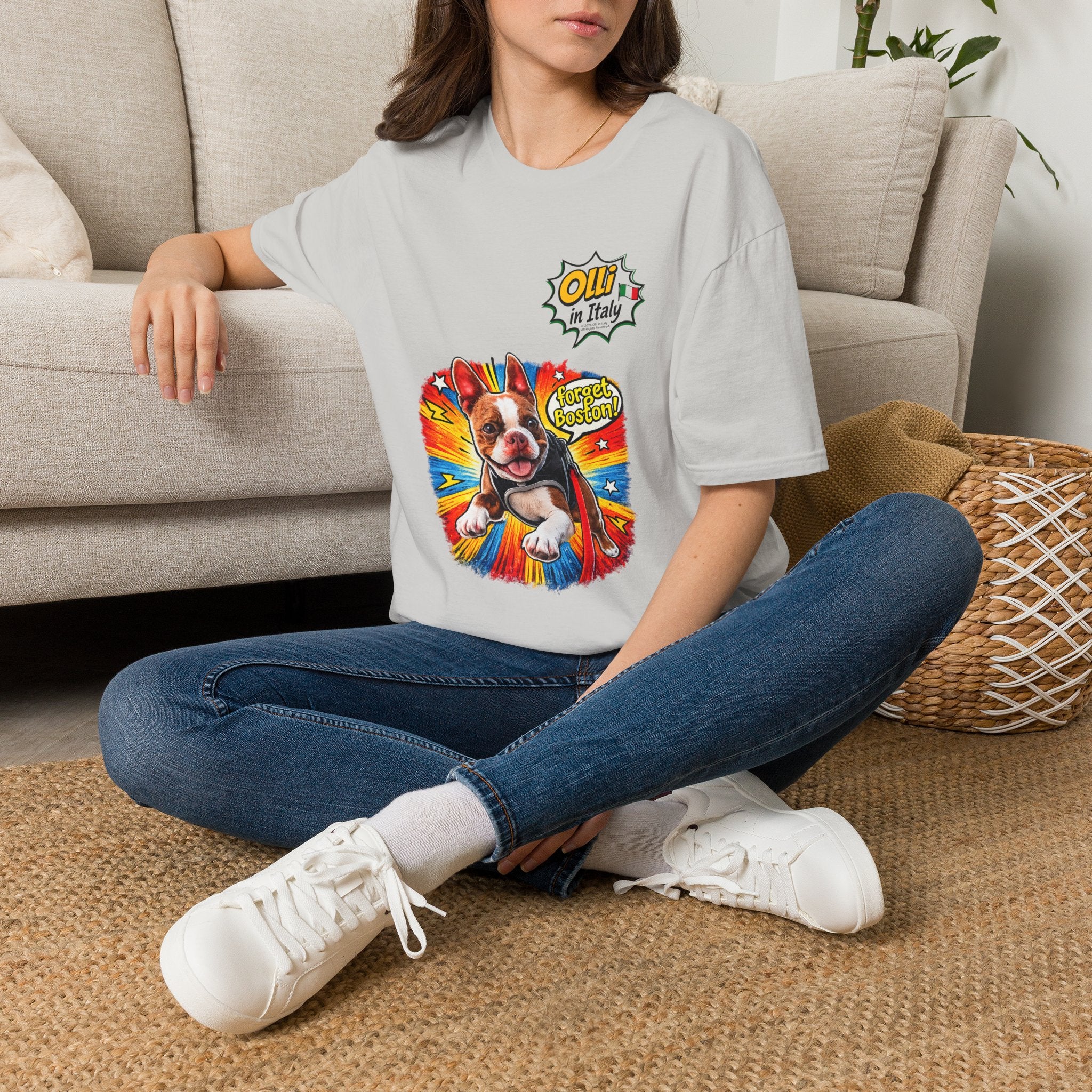 Olli in Italy "Forget Boston" Graphic T-Shirt — Colorful Dog Pop Art Tee