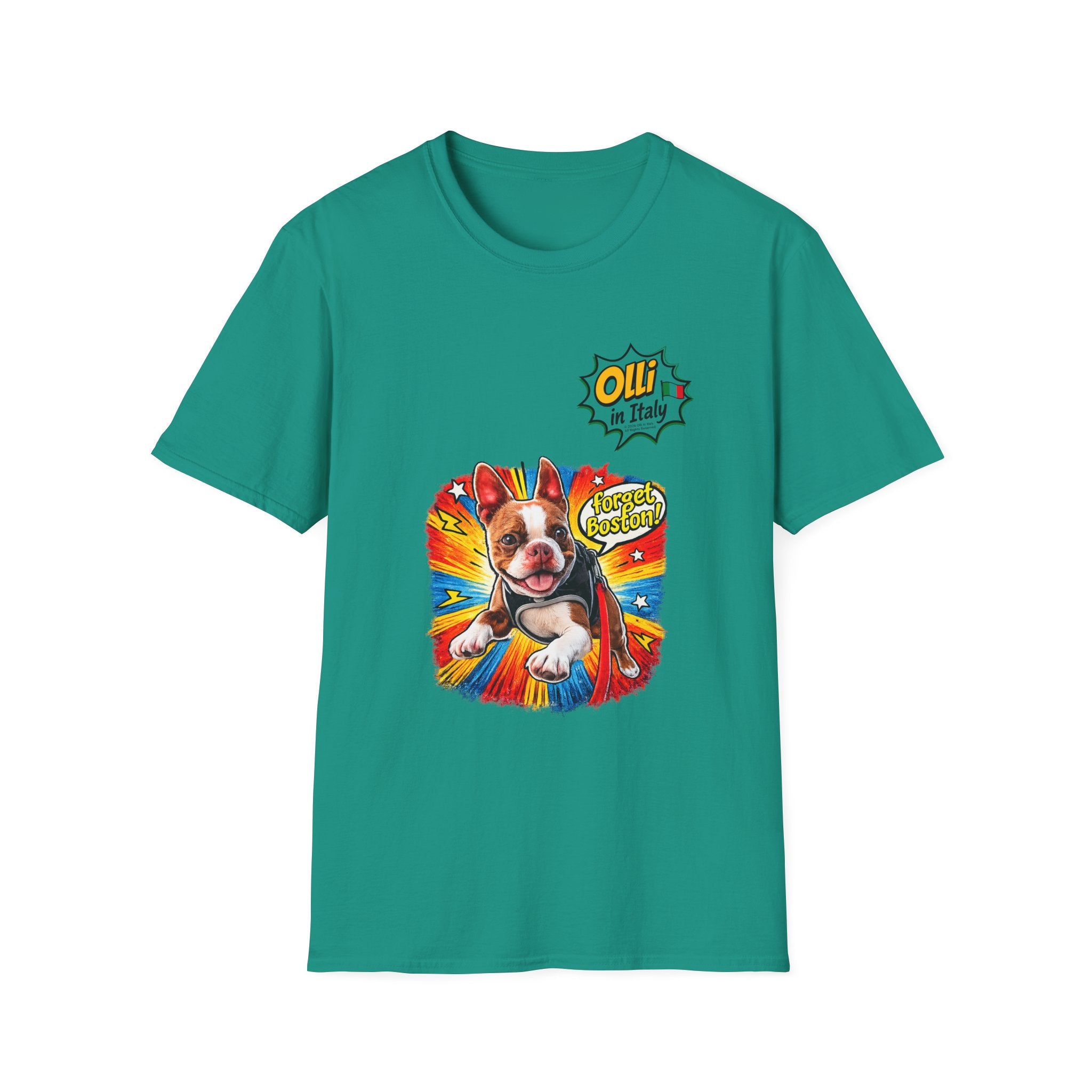 Olli in Italy "Forget Boston" Graphic T-Shirt — Colorful Dog Pop Art Tee