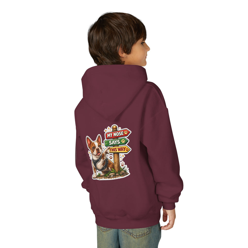 Olli the Boston Terrier in Italy Hoodie — "My Nose Says This Way" Youth Pullover