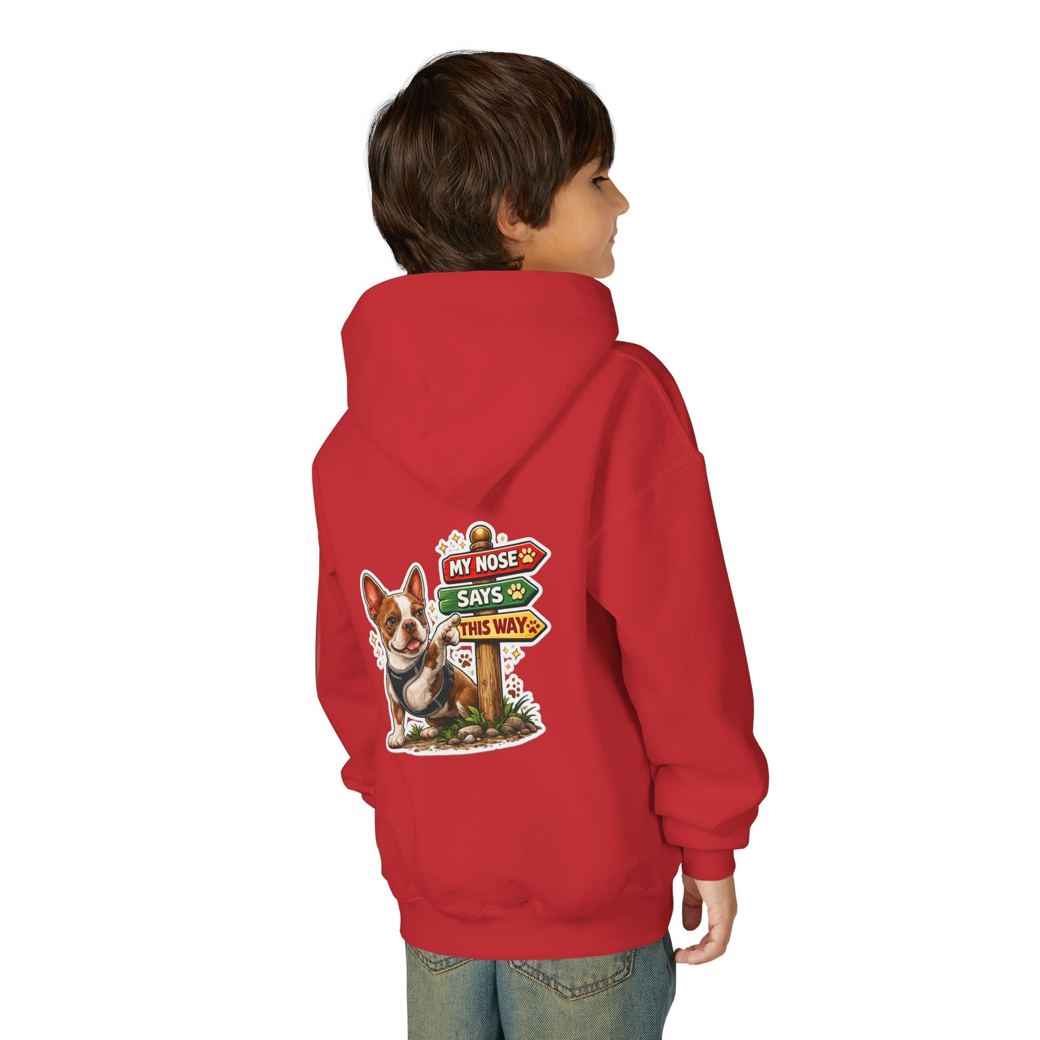 Olli the Boston Terrier in Italy Hoodie — "My Nose Says This Way" Youth Pullover