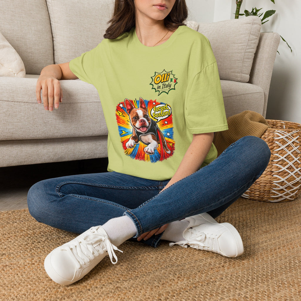 Olli in Italy "Forget Boston" Graphic T-Shirt — Colorful Dog Pop Art Tee