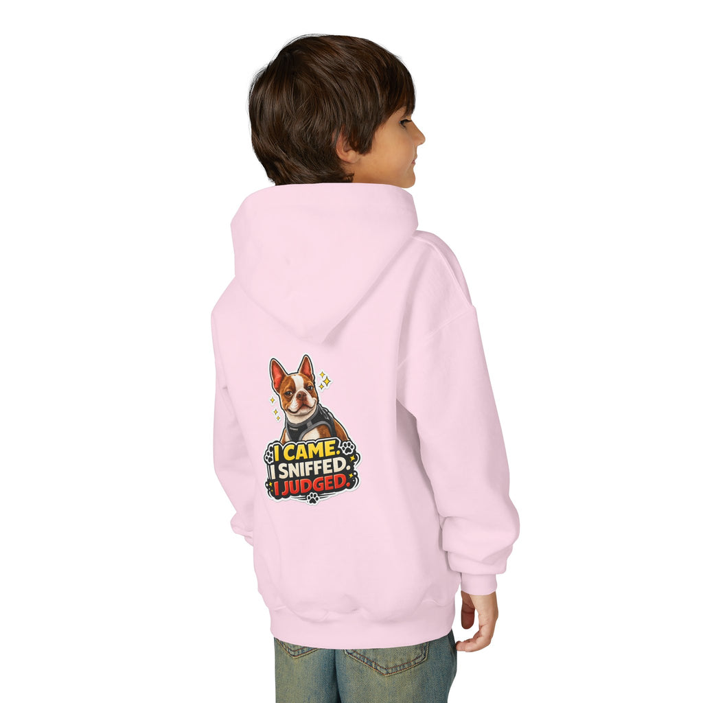 Youth Hoodie — Cute Olli the Boston Terrier ‘My Nose Says This Way’ / ‘I Came, I Sniffed, I Judged’