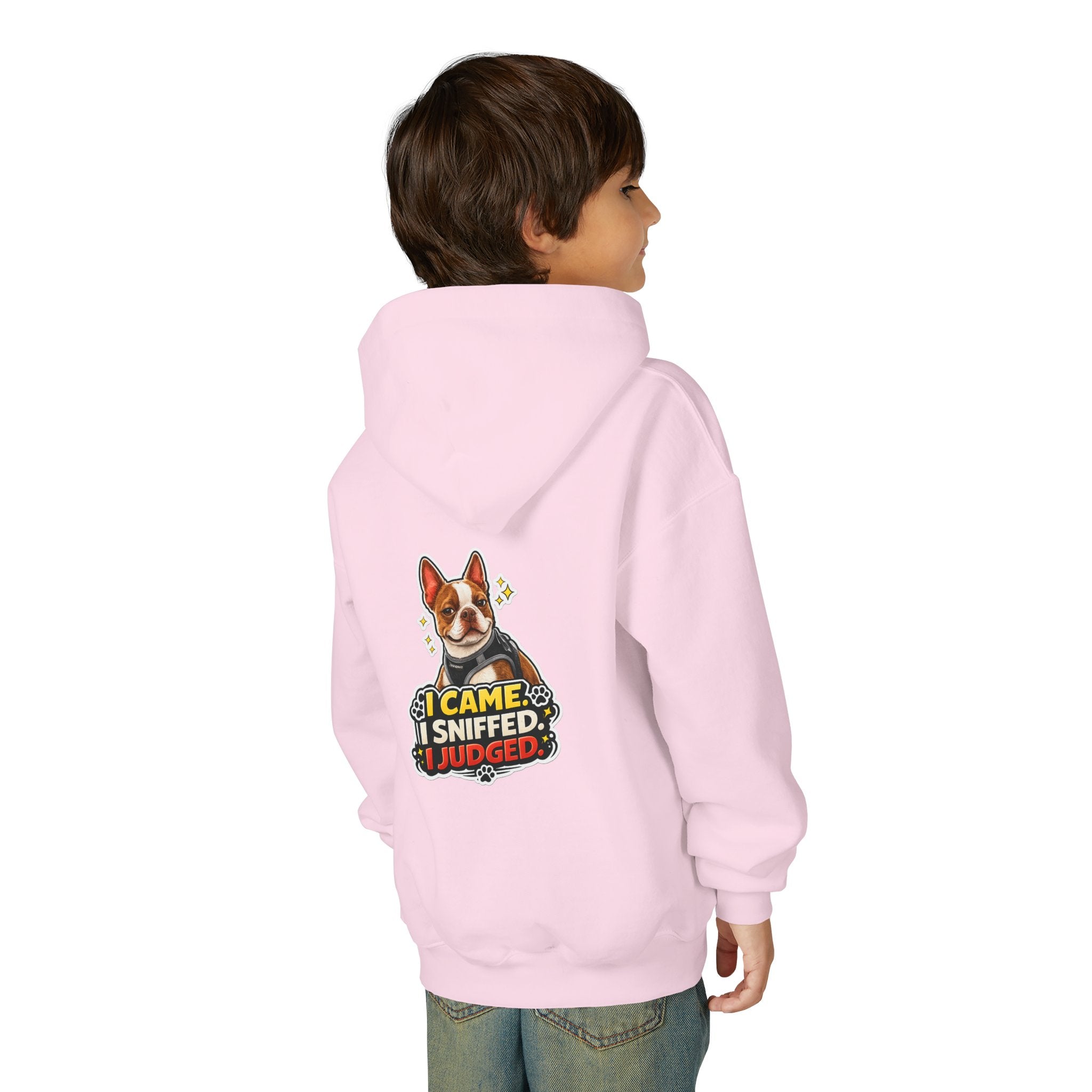 Youth Hoodie — Olli In Italy Boston Terrier Dog Design ‘My Nose Says This Way’ / ‘I Came, I Sniffed, I Judged’