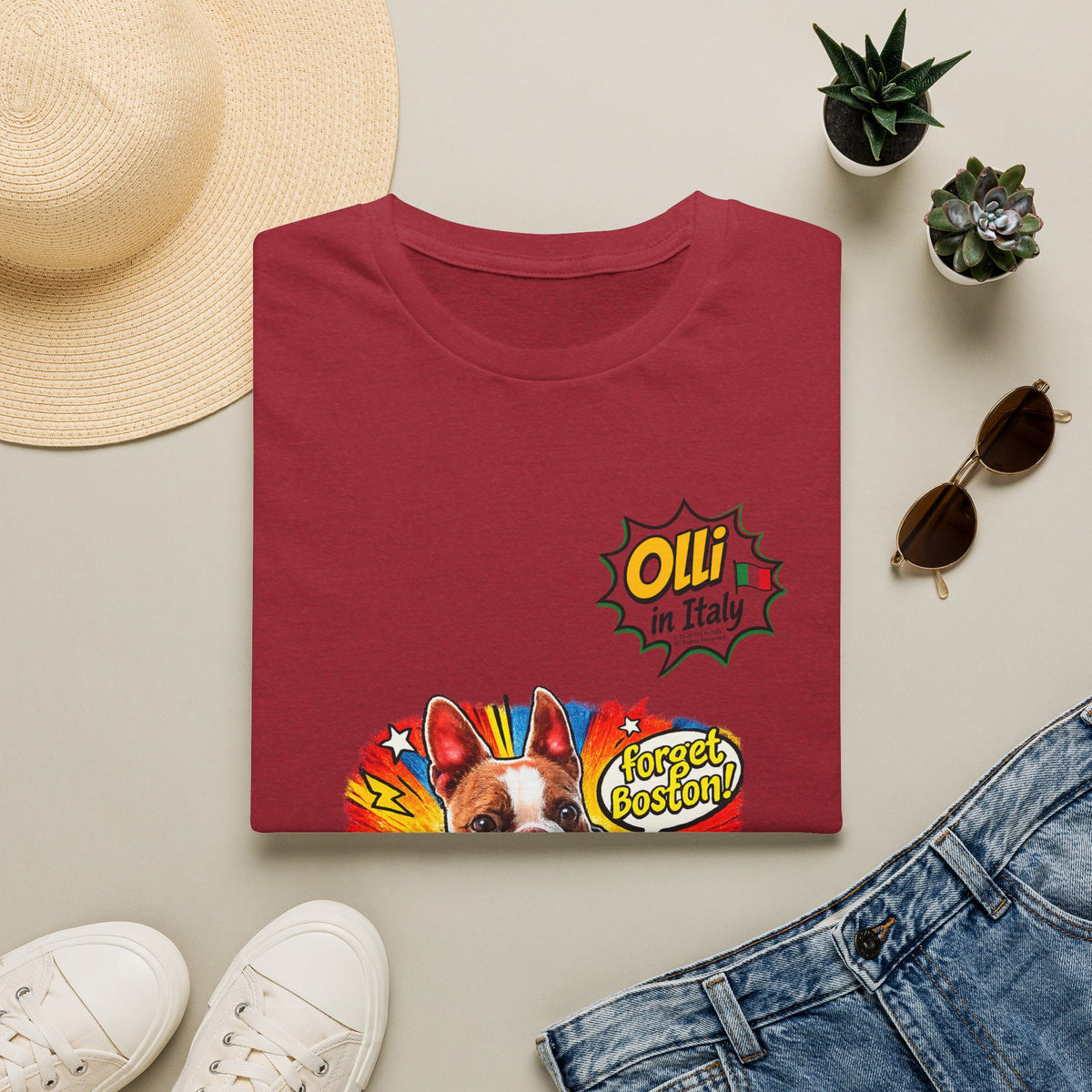 Olli in Italy "Forget Boston" Graphic T-Shirt — Colorful Dog Pop Art Tee