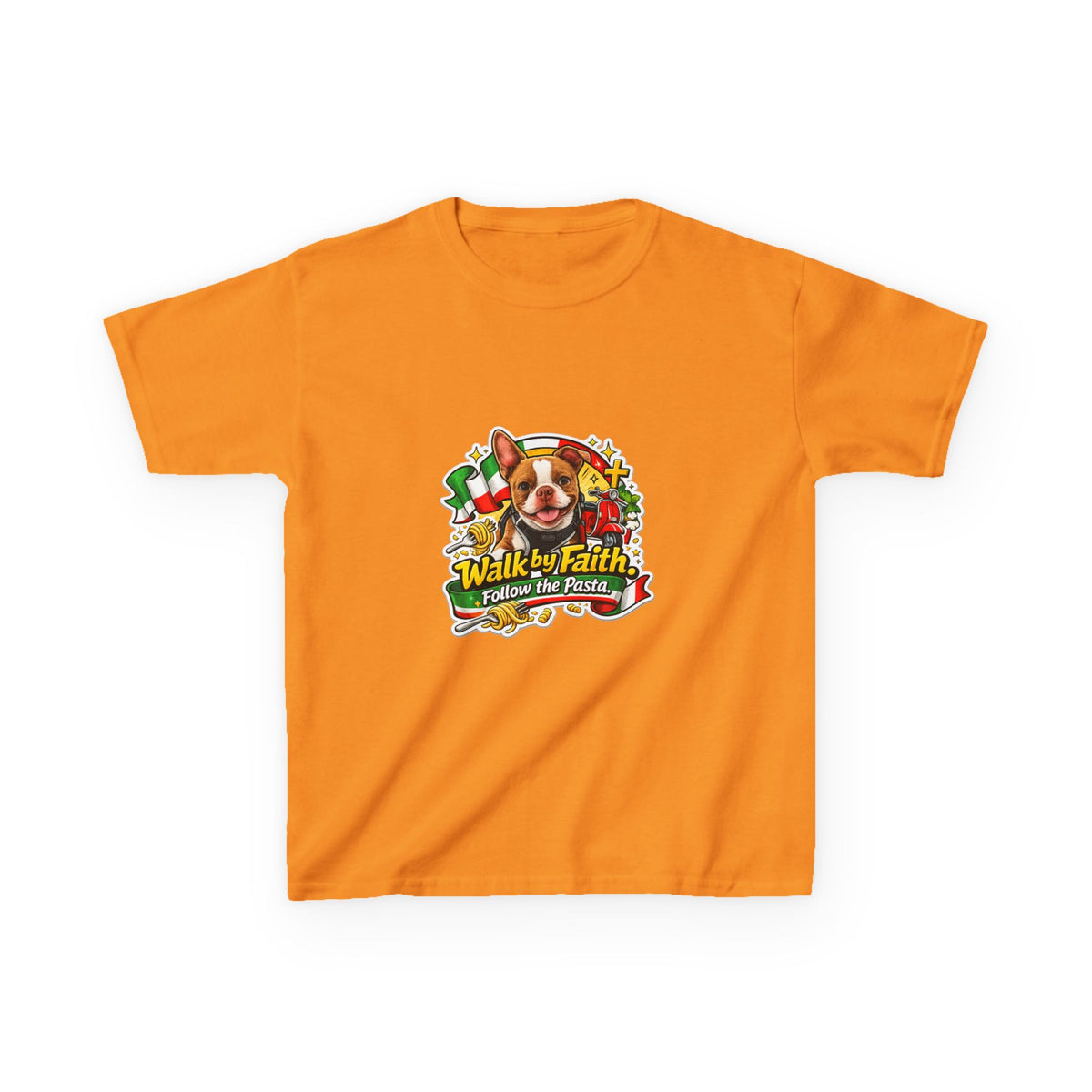 Kids T‑Shirt — “Walk by Faith, Follow the Pasta ” Cute Olli the Boston Terrier Faith Graphic