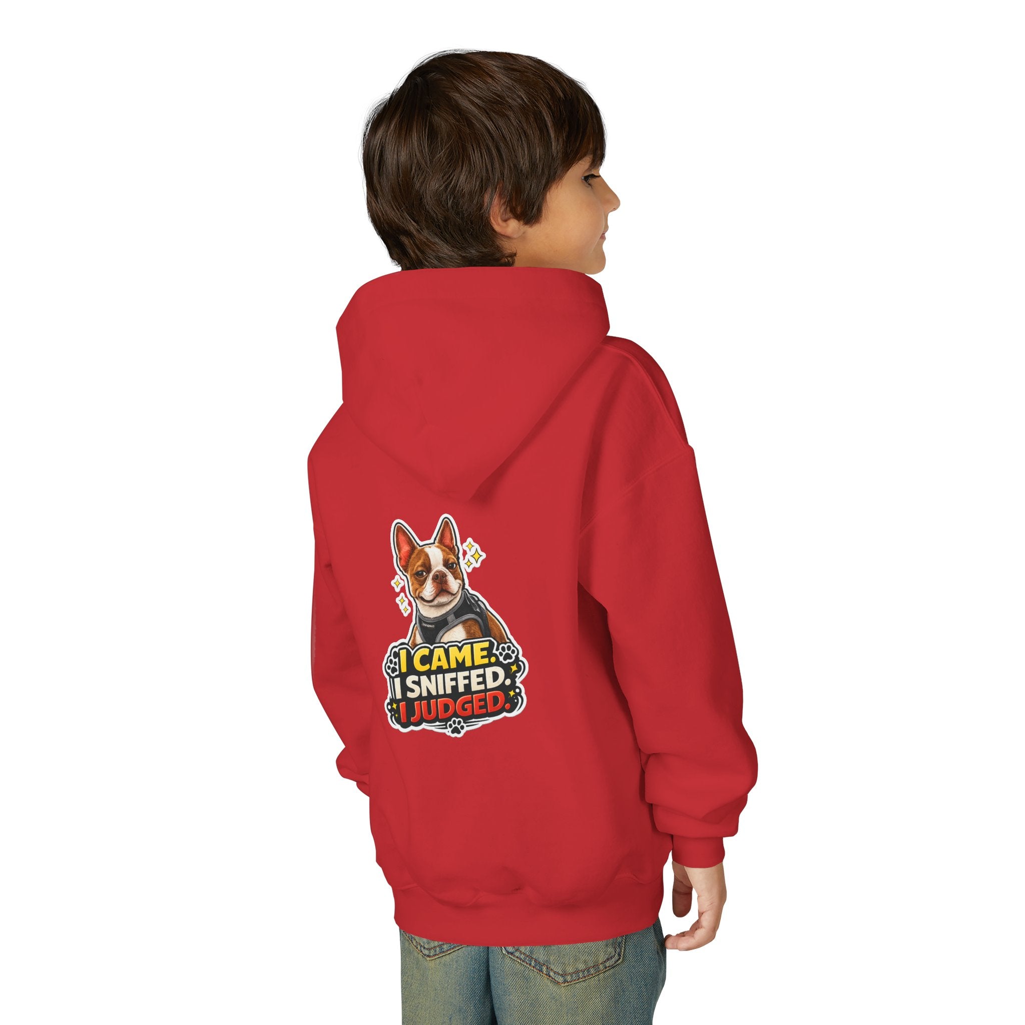 Youth Hoodie — Cute Olli the Boston Terrier ‘My Nose Says This Way’ / ‘I Came, I Sniffed, I Judged’