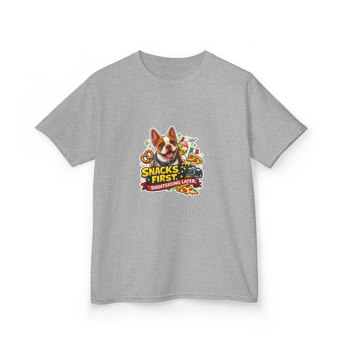 Kids T‑Shirt — "Snacks First" Funny Olli the Boston Terrier Graphic Tee for Children