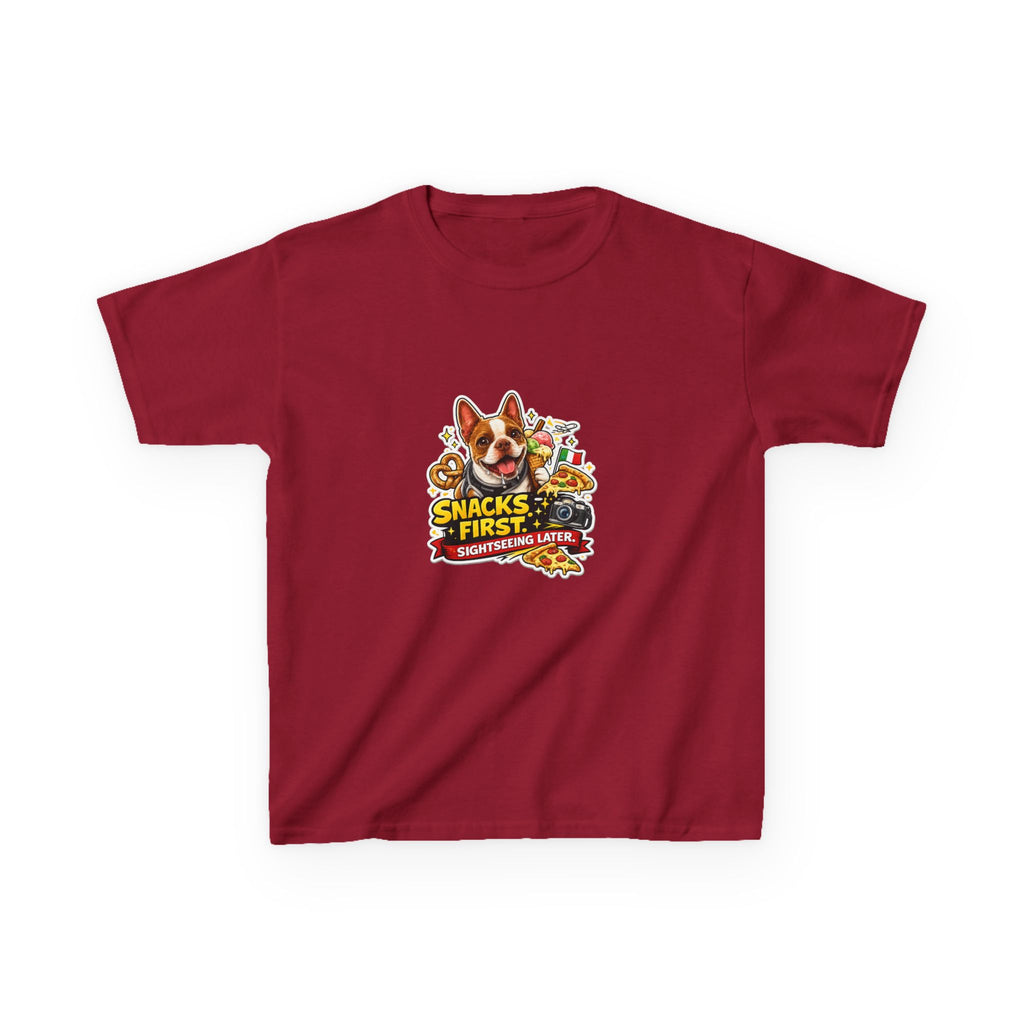 Kids T‑Shirt — "Snacks First" Funny Olli the Boston Terrier Graphic Tee for Children