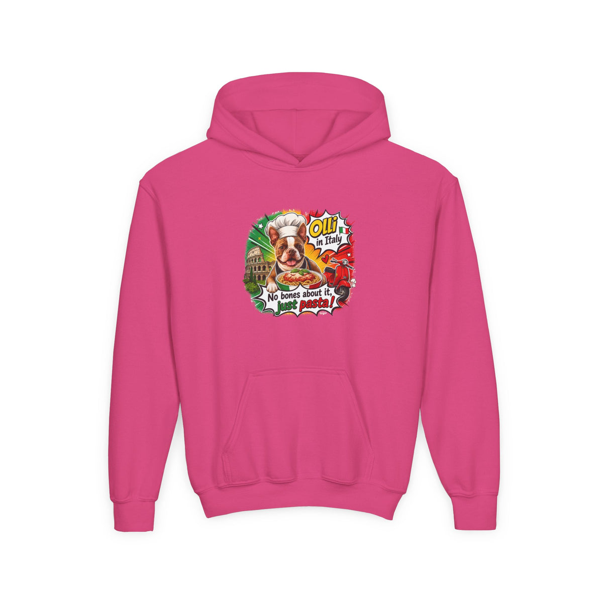 Youth Hoodie — "Olli from Italy" Boston Terrier Christmas Holiday Sweatshirt