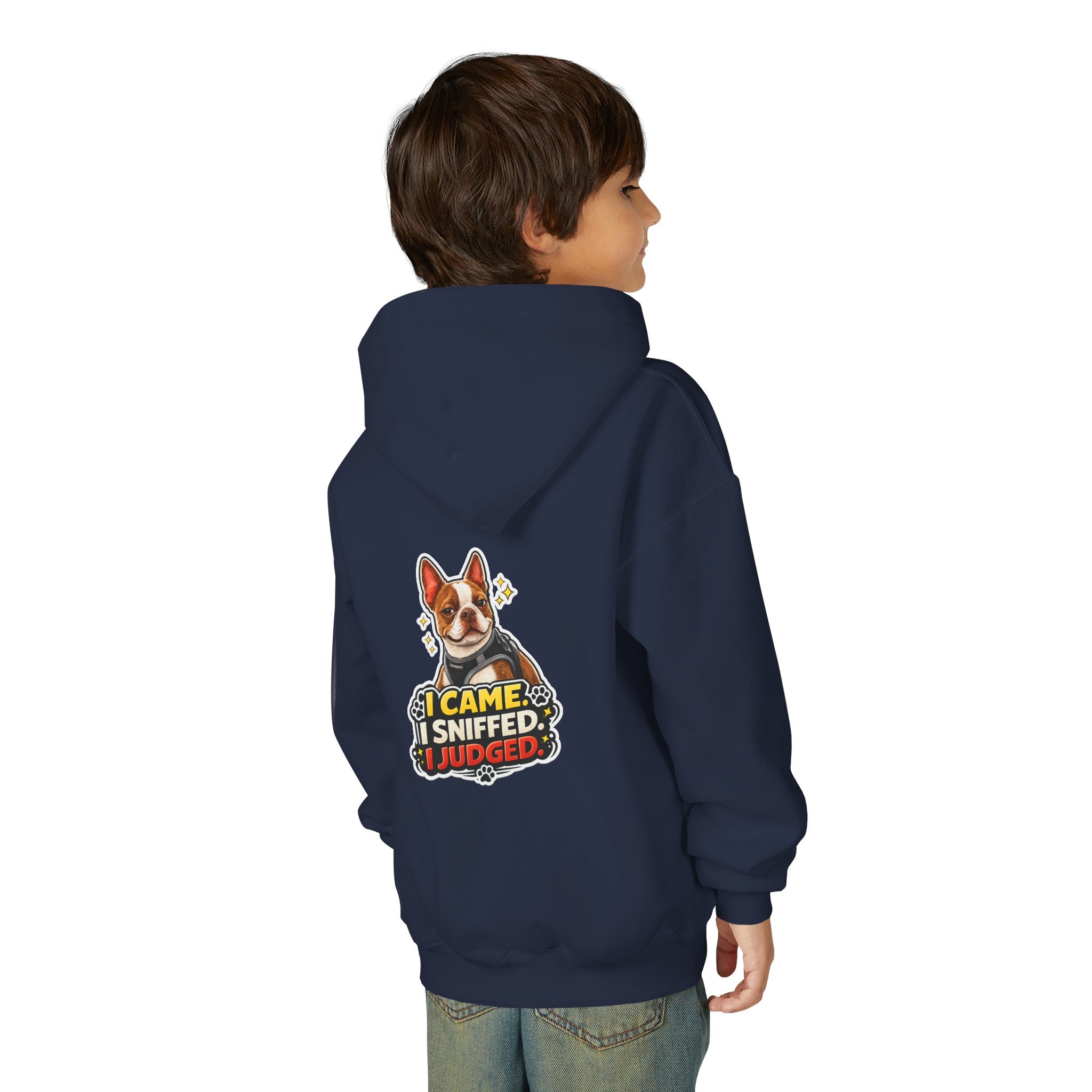 Youth Hoodie — Cute Olli the Boston Terrier ‘My Nose Says This Way’ / ‘I Came, I Sniffed, I Judged’