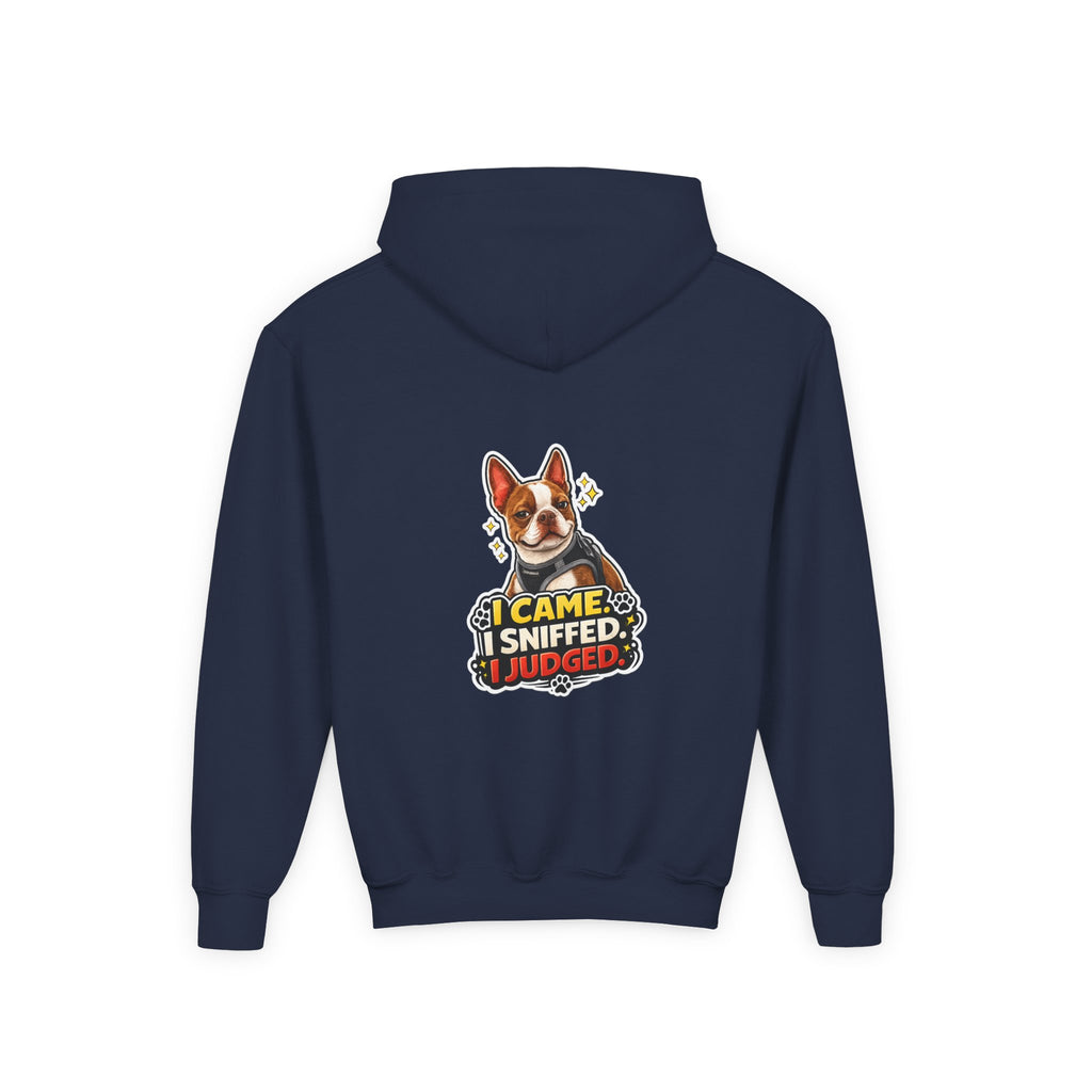 Youth Hoodie — Cute Olli the Boston Terrier ‘My Nose Says This Way’ / ‘I Came, I Sniffed, I Judged’