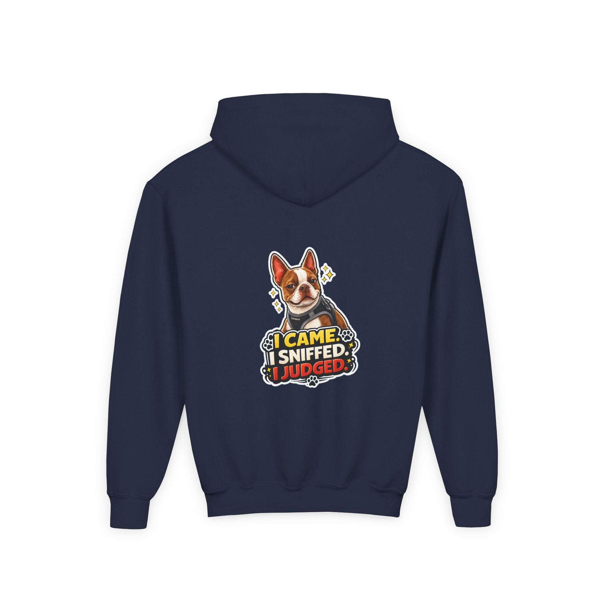 Youth Hoodie — Cute Olli the Boston Terrier ‘My Nose Says This Way’ / ‘I Came, I Sniffed, I Judged’