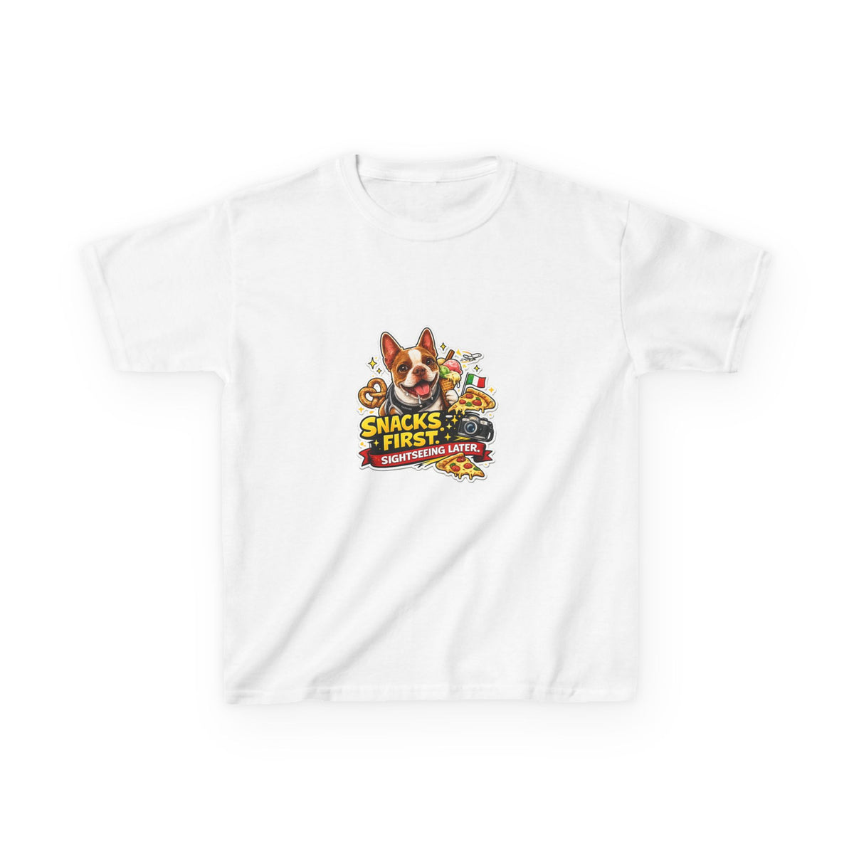 Kids T‑Shirt — "Snacks First" Funny Olli the Boston Terrier Graphic Tee for Children