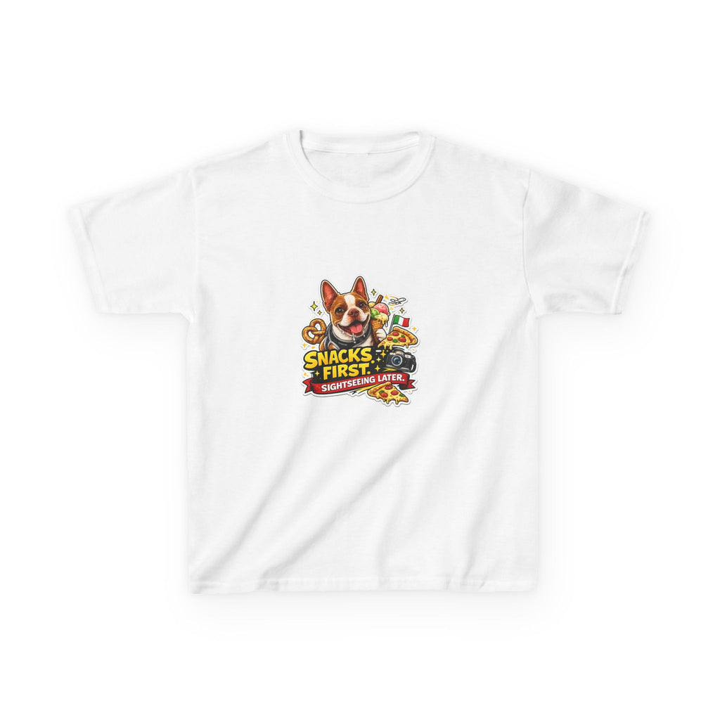 Kids T‑Shirt — "Snacks First" Funny Olli the Boston Terrier Graphic Tee for Children