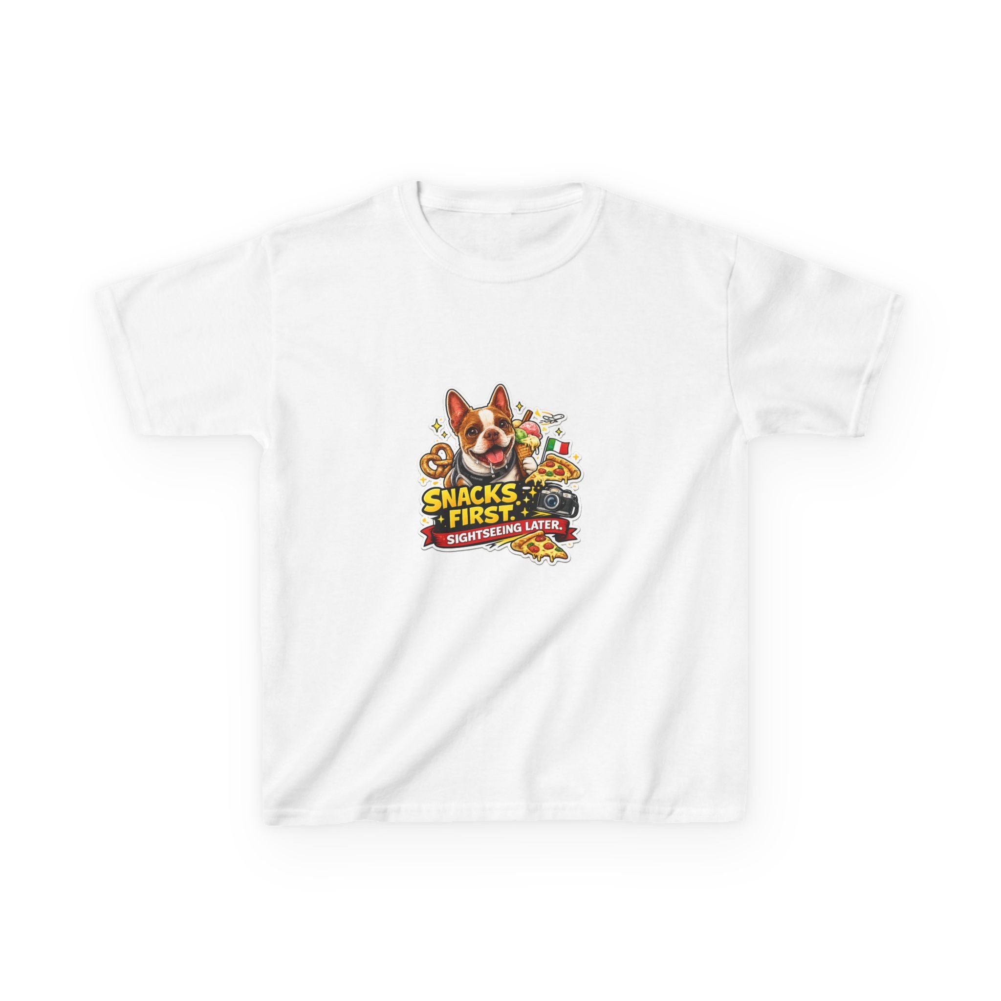 Kids T‑Shirt — "Snacks First" Funny Olli the Boston Terrier Graphic Tee for Children