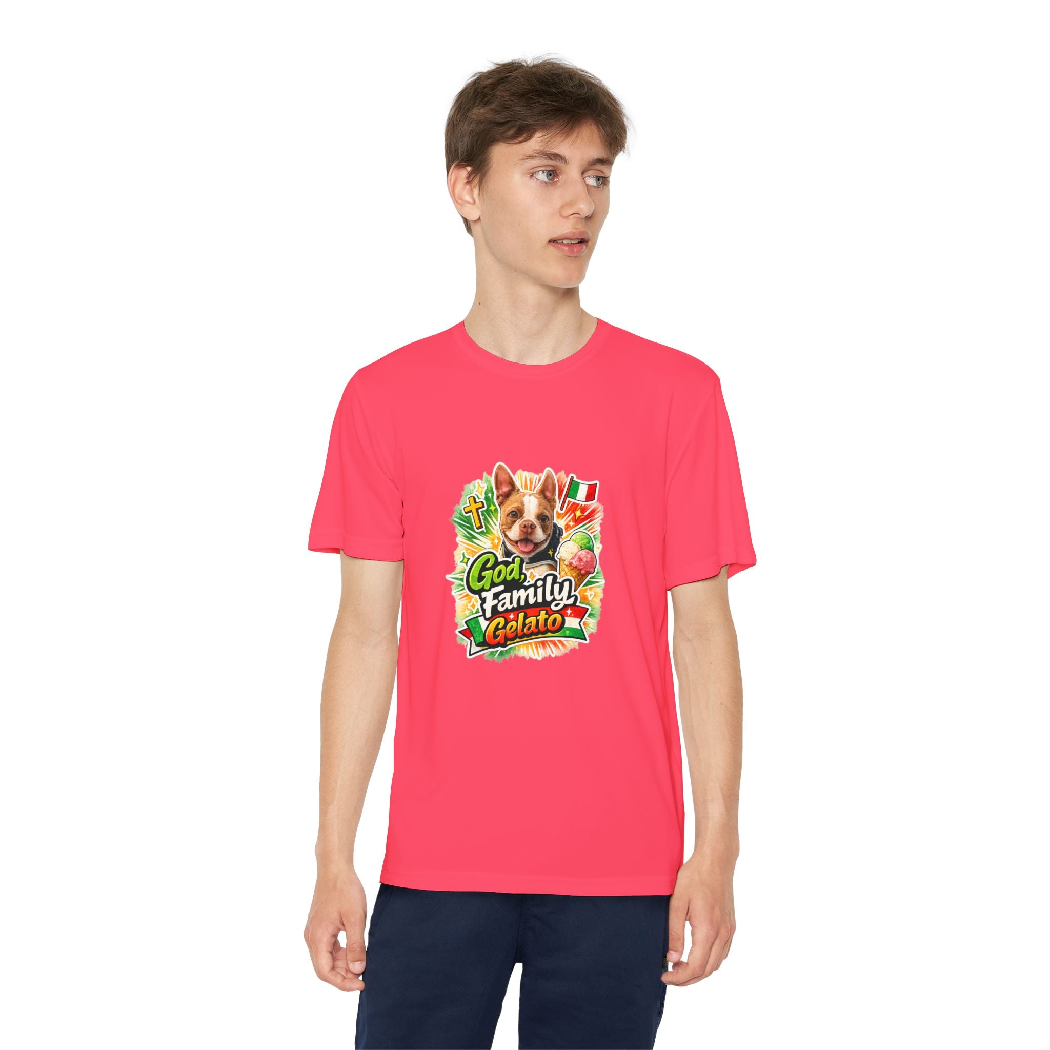 Youth Graphic Tee — 'God, Family, Gelato' Olli In Italy Boston Terrier Dog