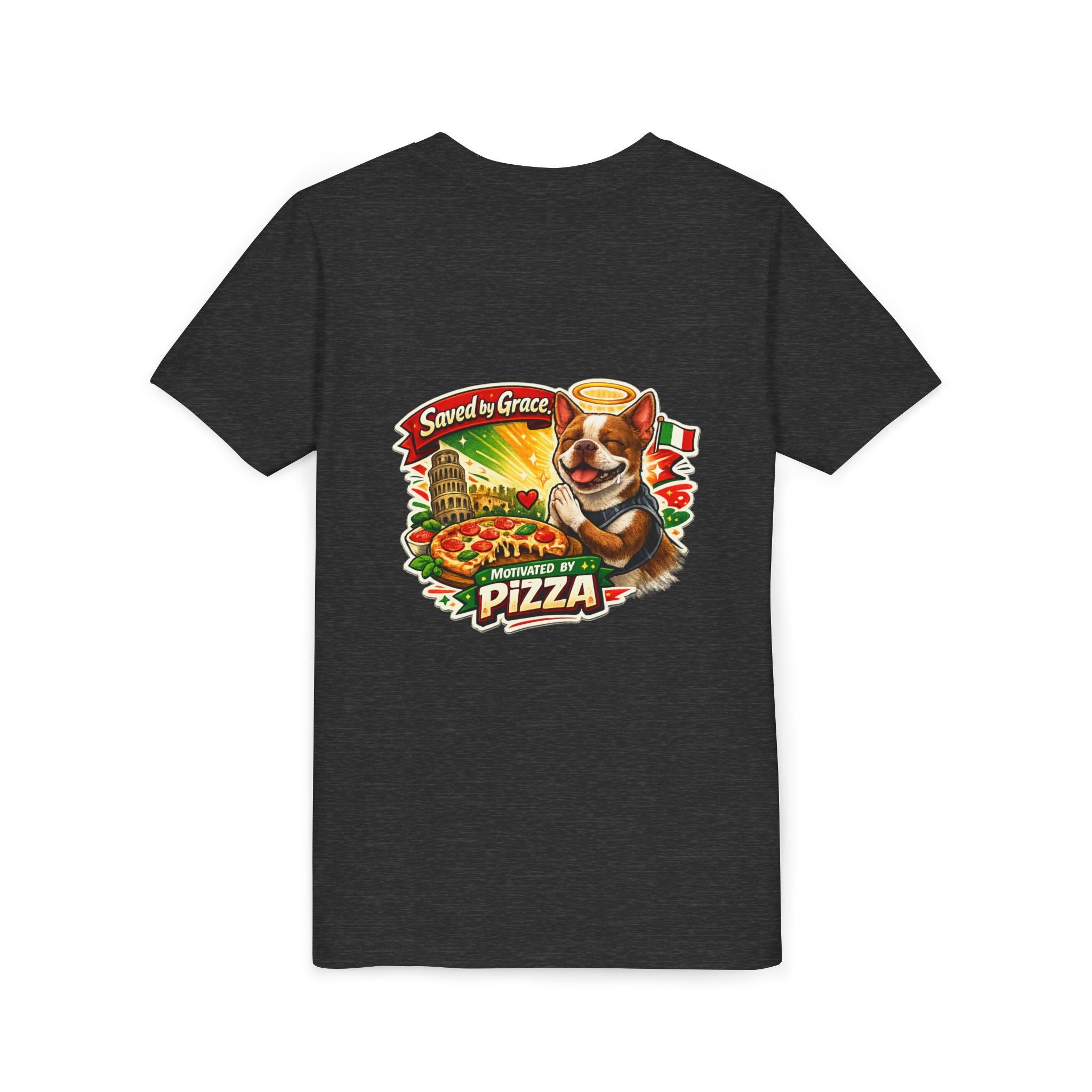 Kids' Pizza Olli the Boston Terrier Tee — "Saved by Grace" Funny Italian Pizza Youth Shirt