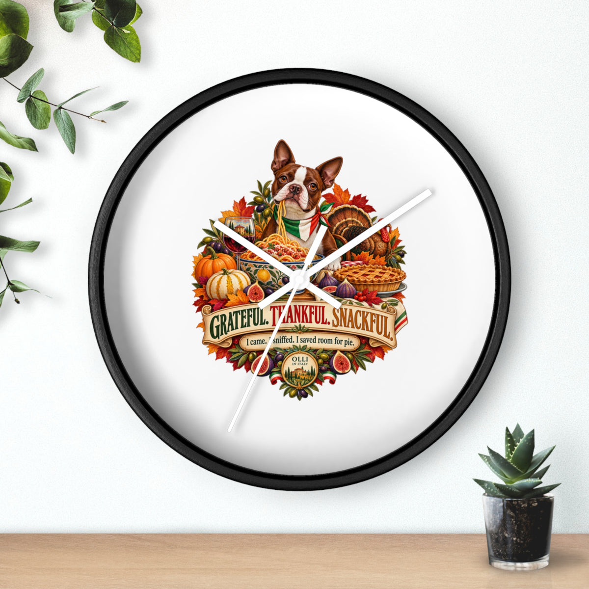 Thankful Pup Thanksgiving Wall Clock — Autumn Harvest Dog Decor