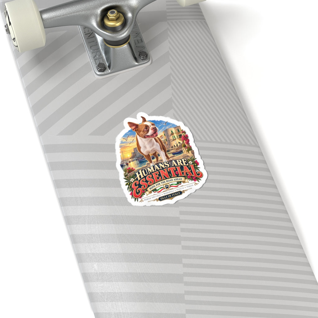 Humans Are Essential Boston Terrier Sticker — Vintage Travel Pet Decal
