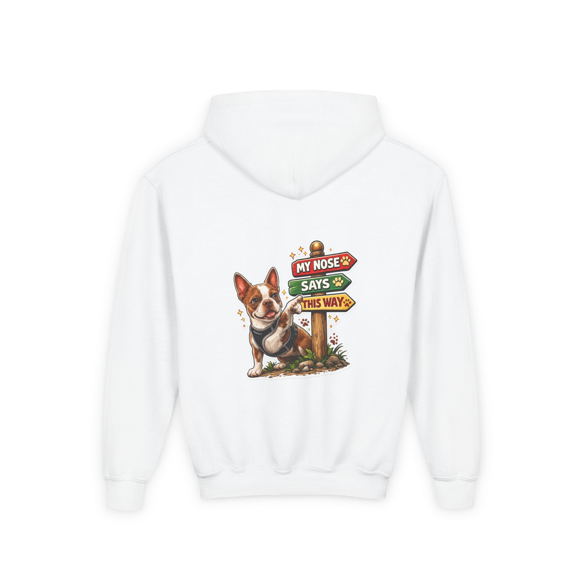 Olli the Boston Terrier in Italy Hoodie — "My Nose Says This Way" Youth Pullover