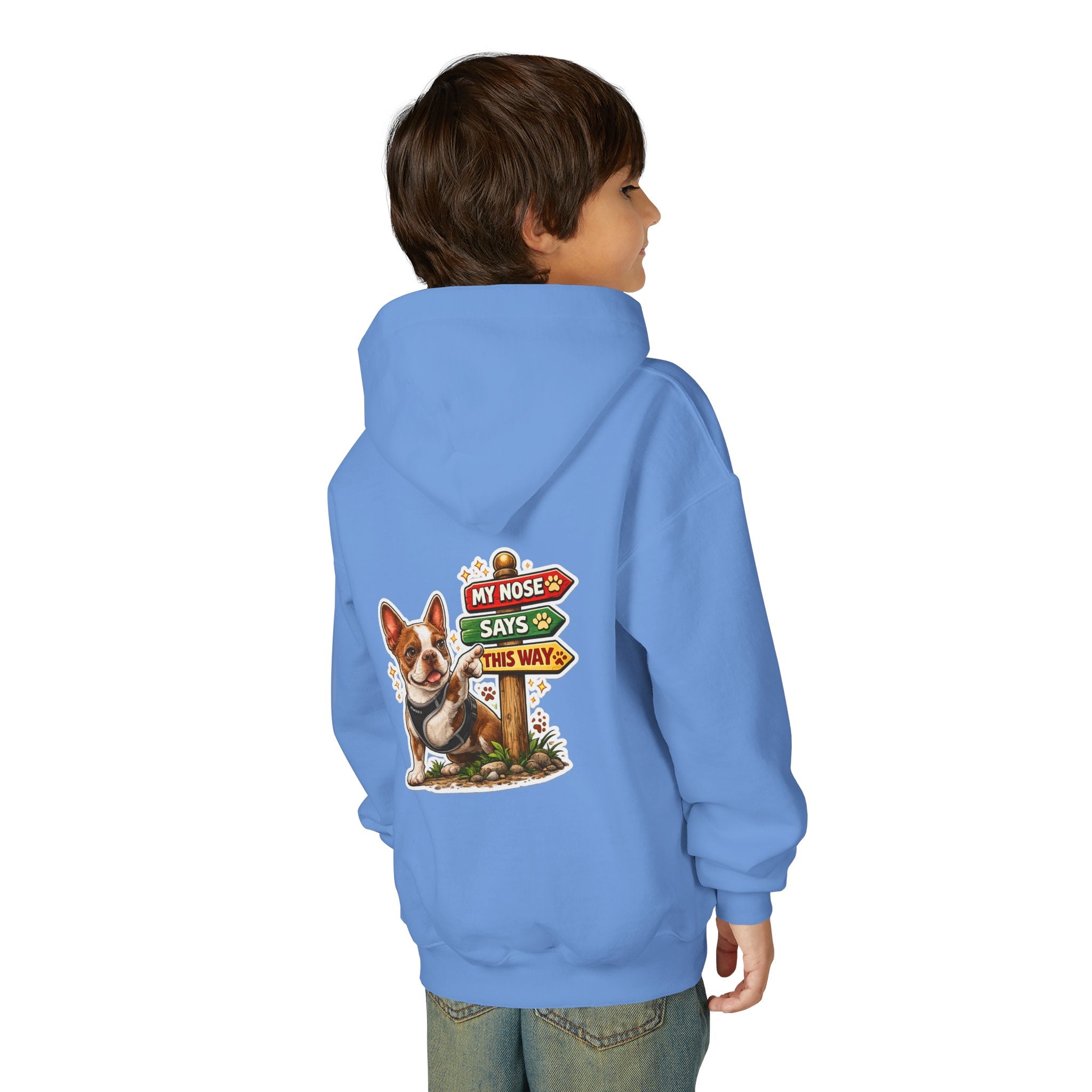 Olli the Boston Terrier in Italy Hoodie — "My Nose Says This Way" Youth Pullover