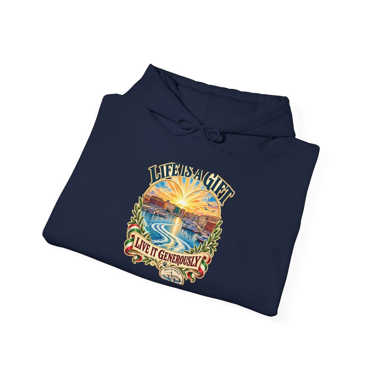 Life Is a Gift Hoodie — Sunset Ocean Graphic with “Live It Generously” Quote