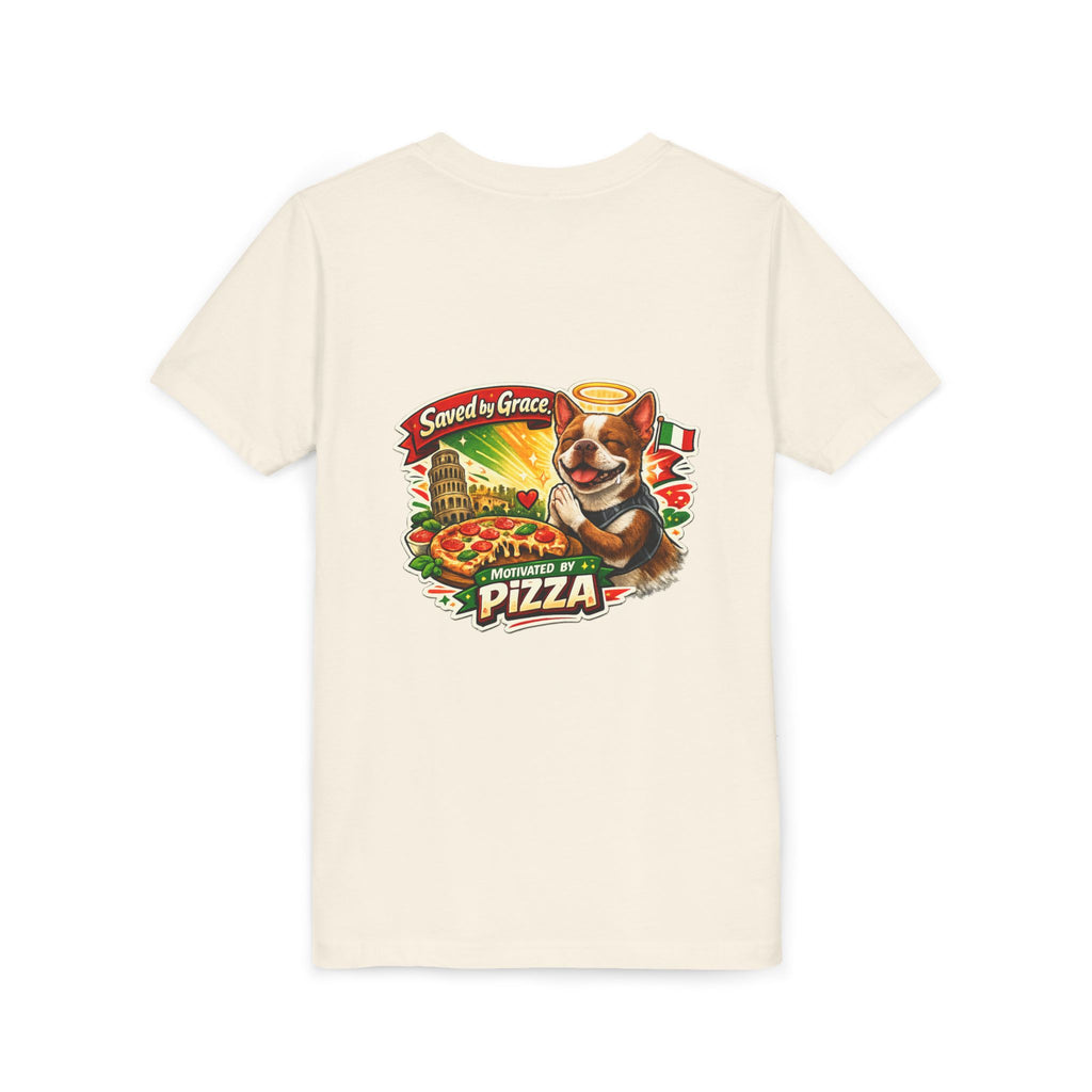 Kids' Pizza Olli the Boston Terrier Tee — "Saved by Grace" Funny Italian Pizza Youth Shirt