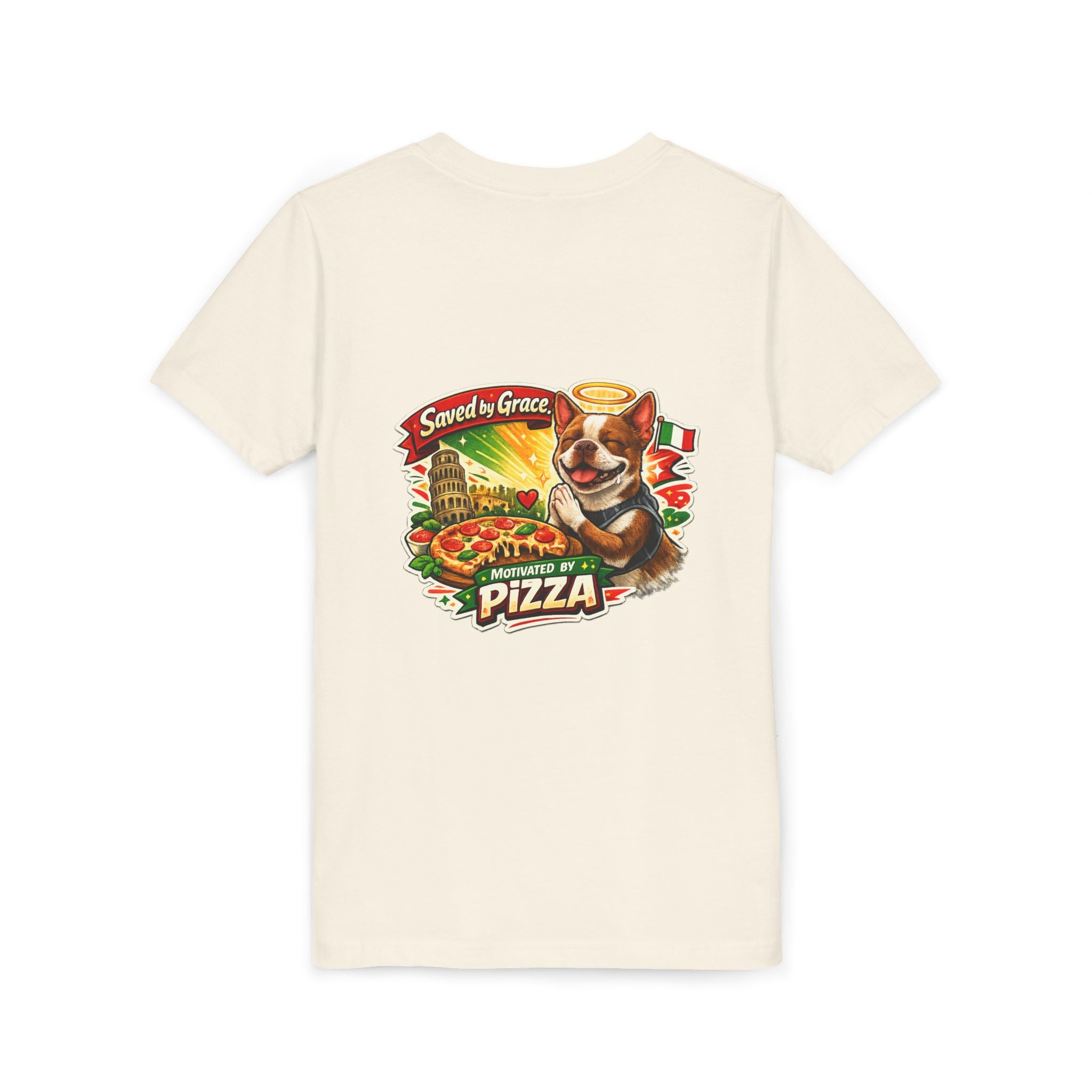 Kids' Pizza Olli the Boston Terrier in Italy Tee — "Saved by Grace" Funny Italian Pizza Youth Shirt