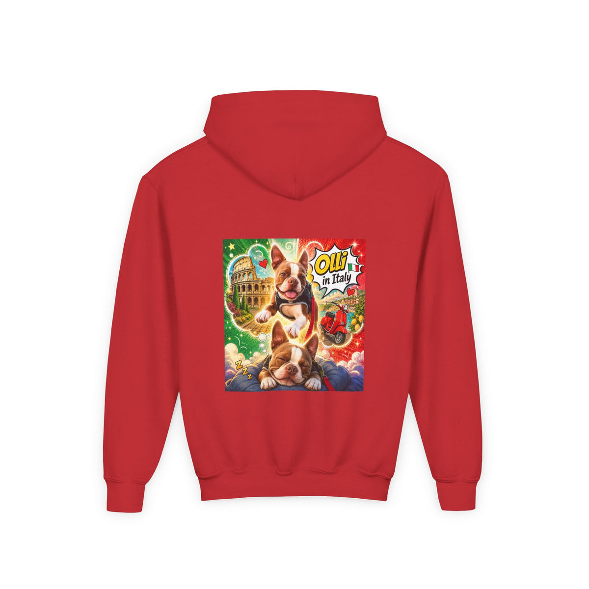 Youth Hoodie — "Olli from Italy" Boston Terrier Christmas Holiday Sweatshirt
