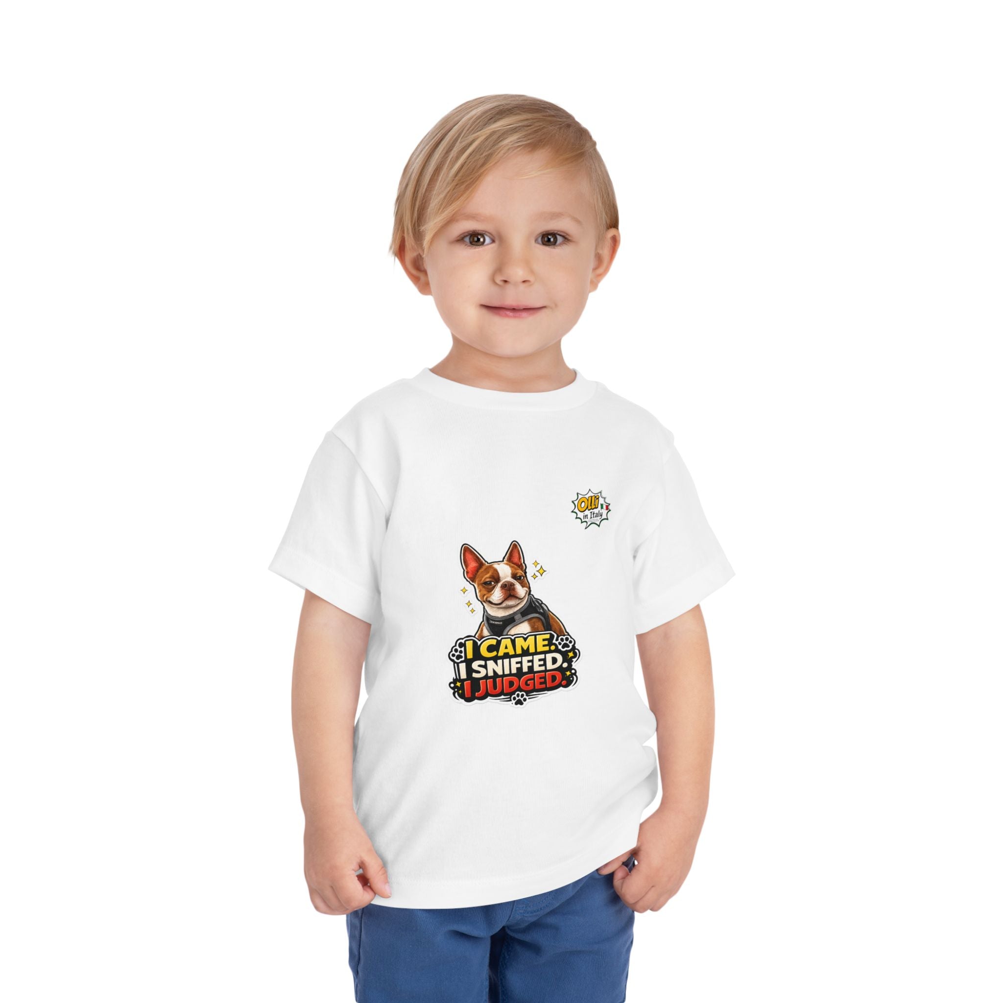 Toddler Tee — Cute Olli the Boston Terrier in Italy "I Came, I Sniffed, I Judged" Graphic