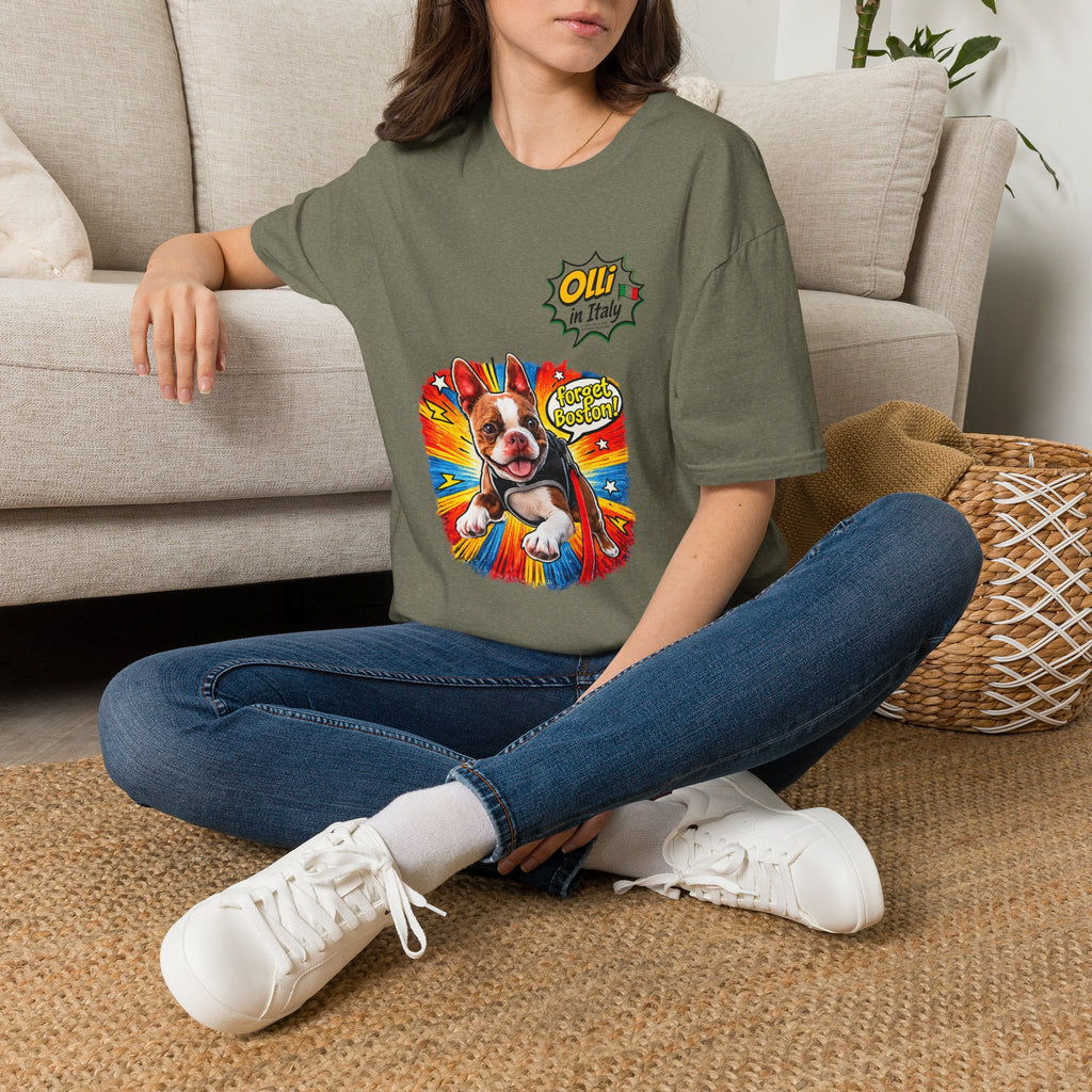 Olli in Italy "Forget Boston" Graphic T-Shirt — Colorful Dog Pop Art Tee