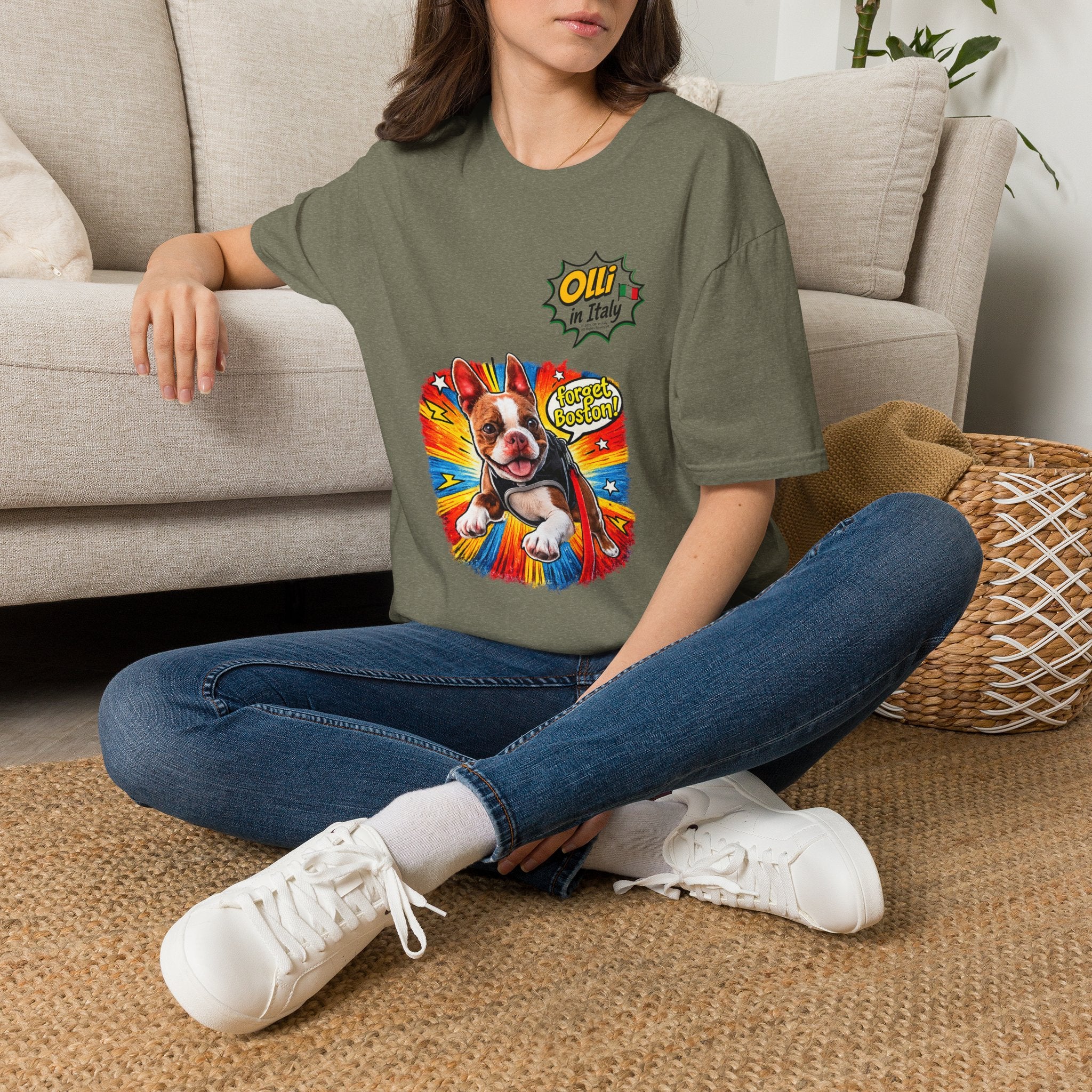 Olli in Italy "Forget Boston" Graphic T-Shirt — Colorful Dog Pop Art Tee