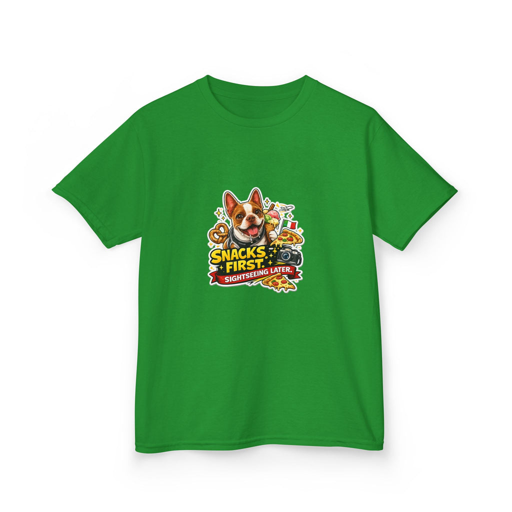 Kids T‑Shirt — "Snacks First" Funny Olli the Boston Terrier Graphic Tee for Children