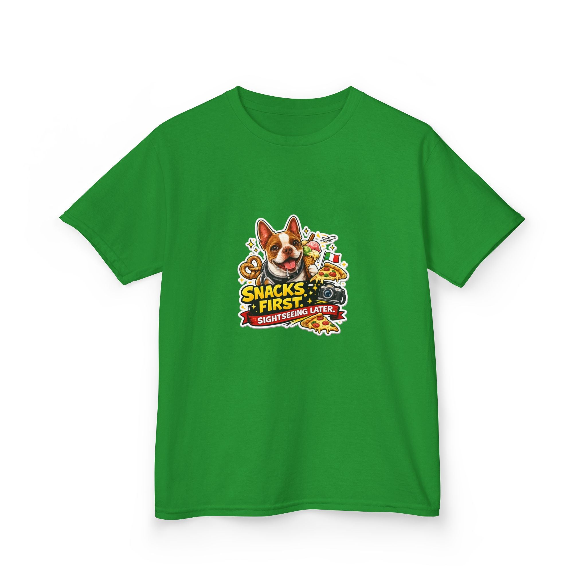 Kids T‑Shirt — "Snacks First" Funny Olli the Boston Terrier Graphic Tee for Children