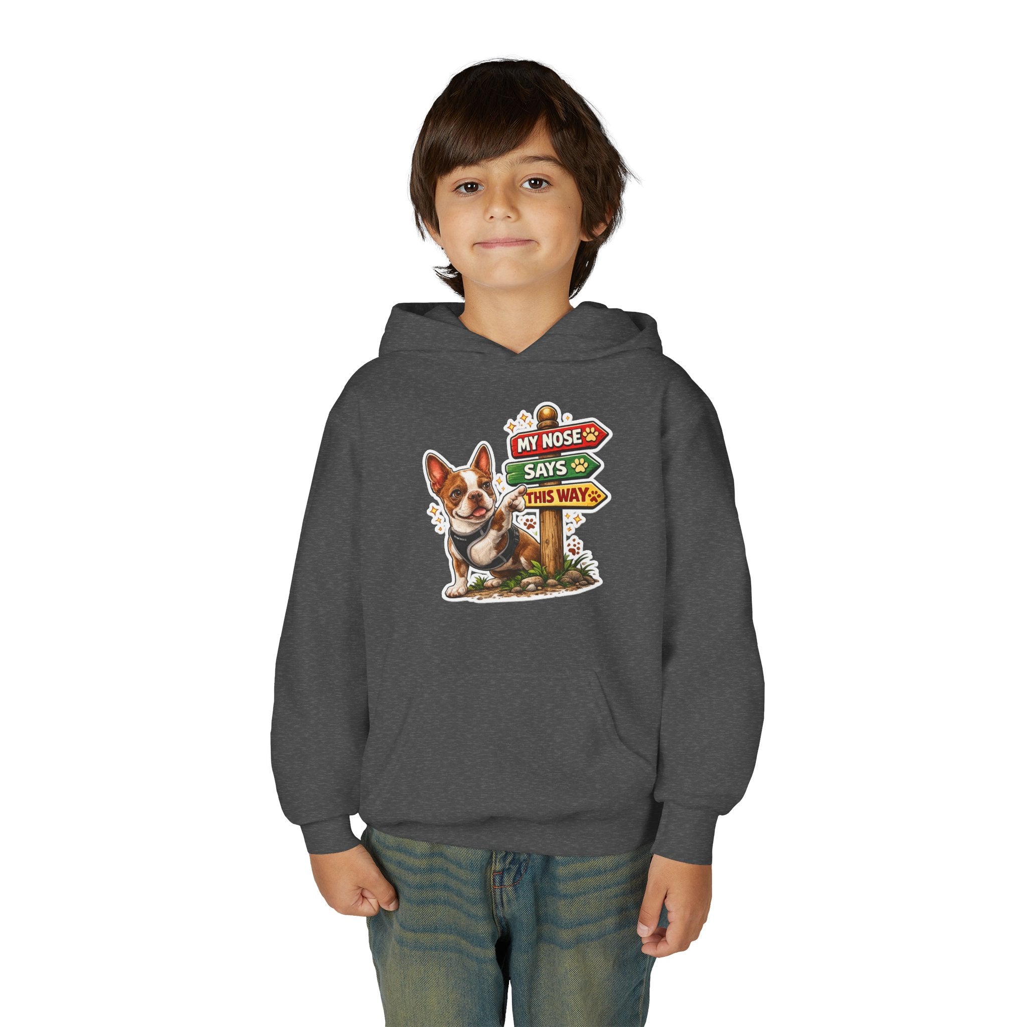 Youth Hoodie — Cute Olli the Boston Terrier ‘My Nose Says This Way’ / ‘I Came, I Sniffed, I Judged’