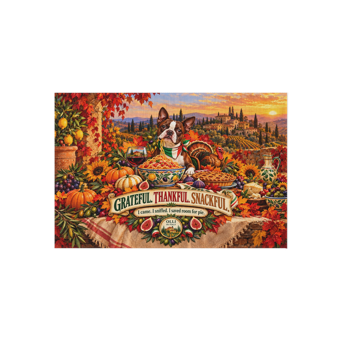 Grateful Thankful Snackful BOSTON TERRIER Fall Outdoor Rug — Autumn Harvest Dog Welcome Mat