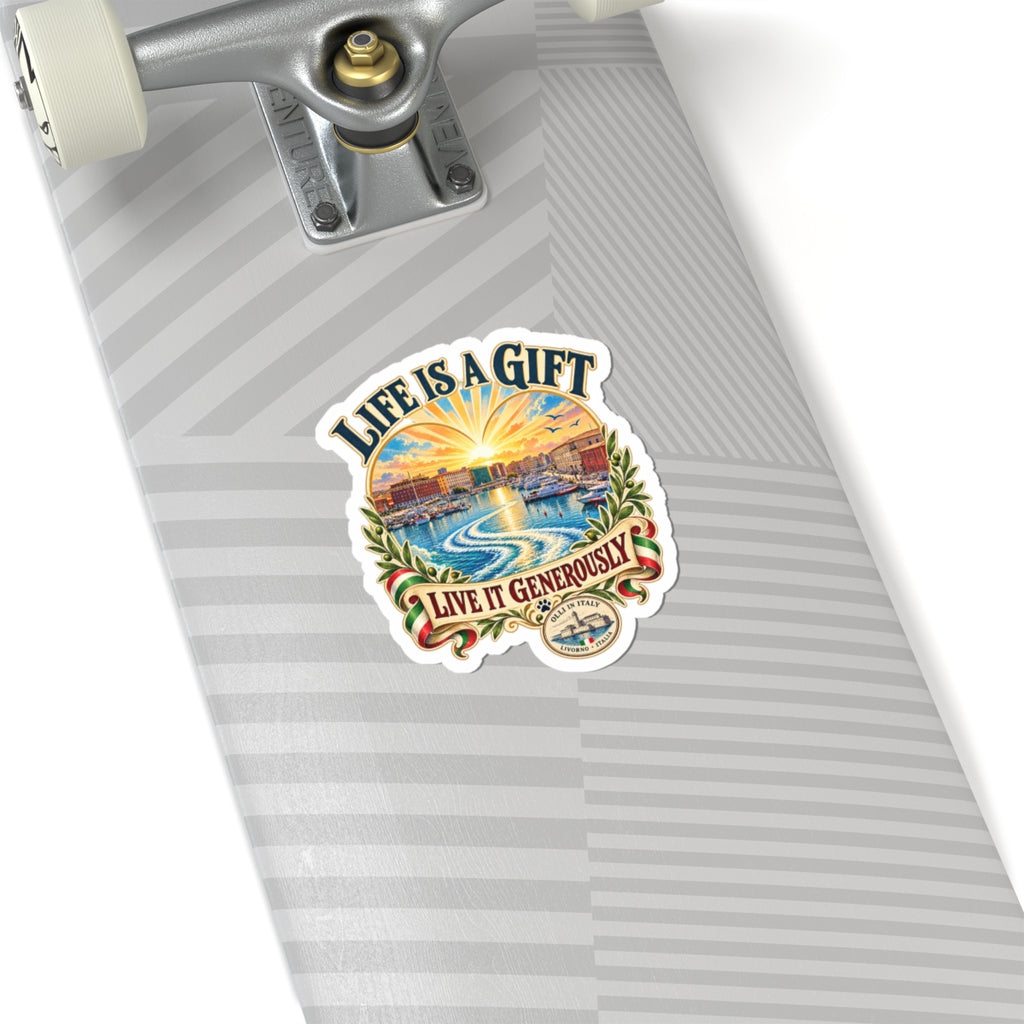 Life Is a Gift Sticker — Scenic Inspirational Kiss-Cut Sticker ("Live It Generously")